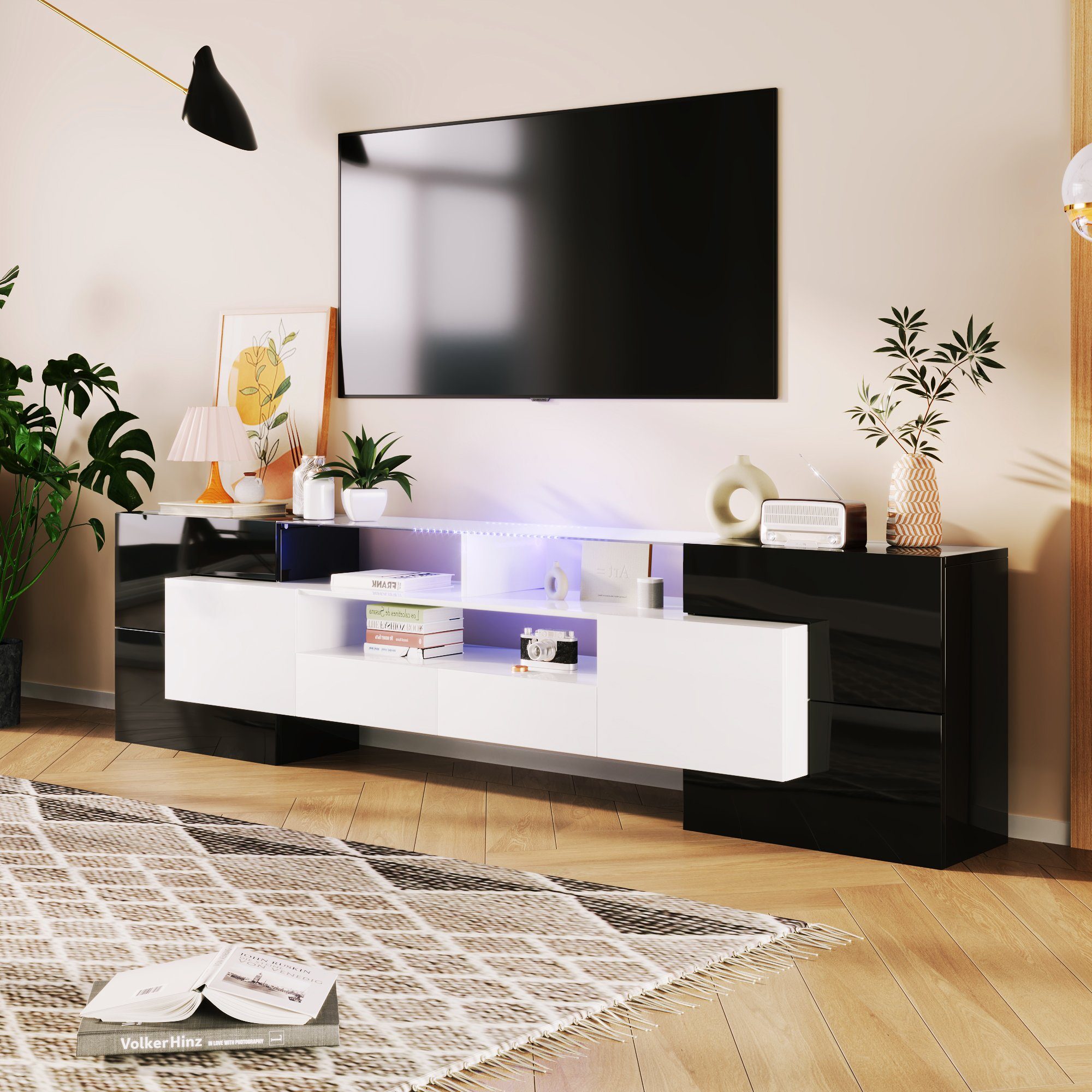 Fangqi TV-Schrank TV-Schrank, Schwarz einstellbar, LED-Farbe Tür Schublade x4 x4, Lowboard,LED-Beleuchtung, Glasoberfläche,200cm