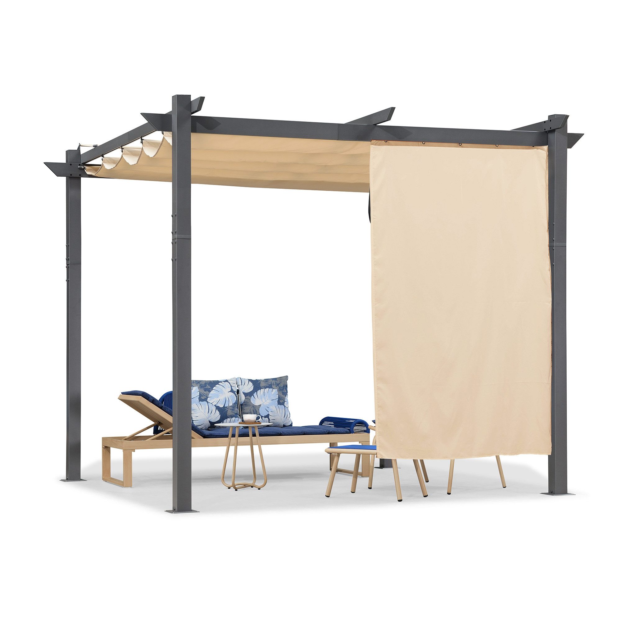 PURPLE LEAF Pergola Pavillon mit Schiebedach aus Aluminium und Seitenvorhang, BxTxH: 300x300x245 cm, (Komplettes Set, 1 Pergola + 1 Seitenvorhang), Freistehende Pergola mit manuellem Schiebedach und Seitenvorhang