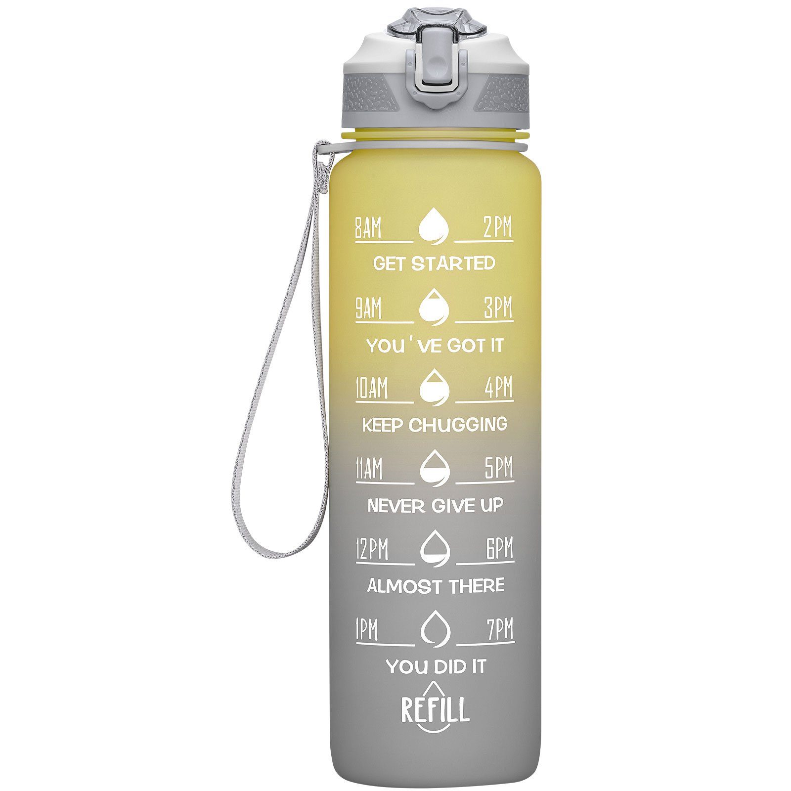 WISHDOR Trinkflasche Sport Wasserflasche Sportflasche Auslaufsicher 1 Liter BPA-Frei 1L, Zeitmarkierung und Strohhalm Fitness Outdoor Camping Fahrrad Wandern Gelb/Grau