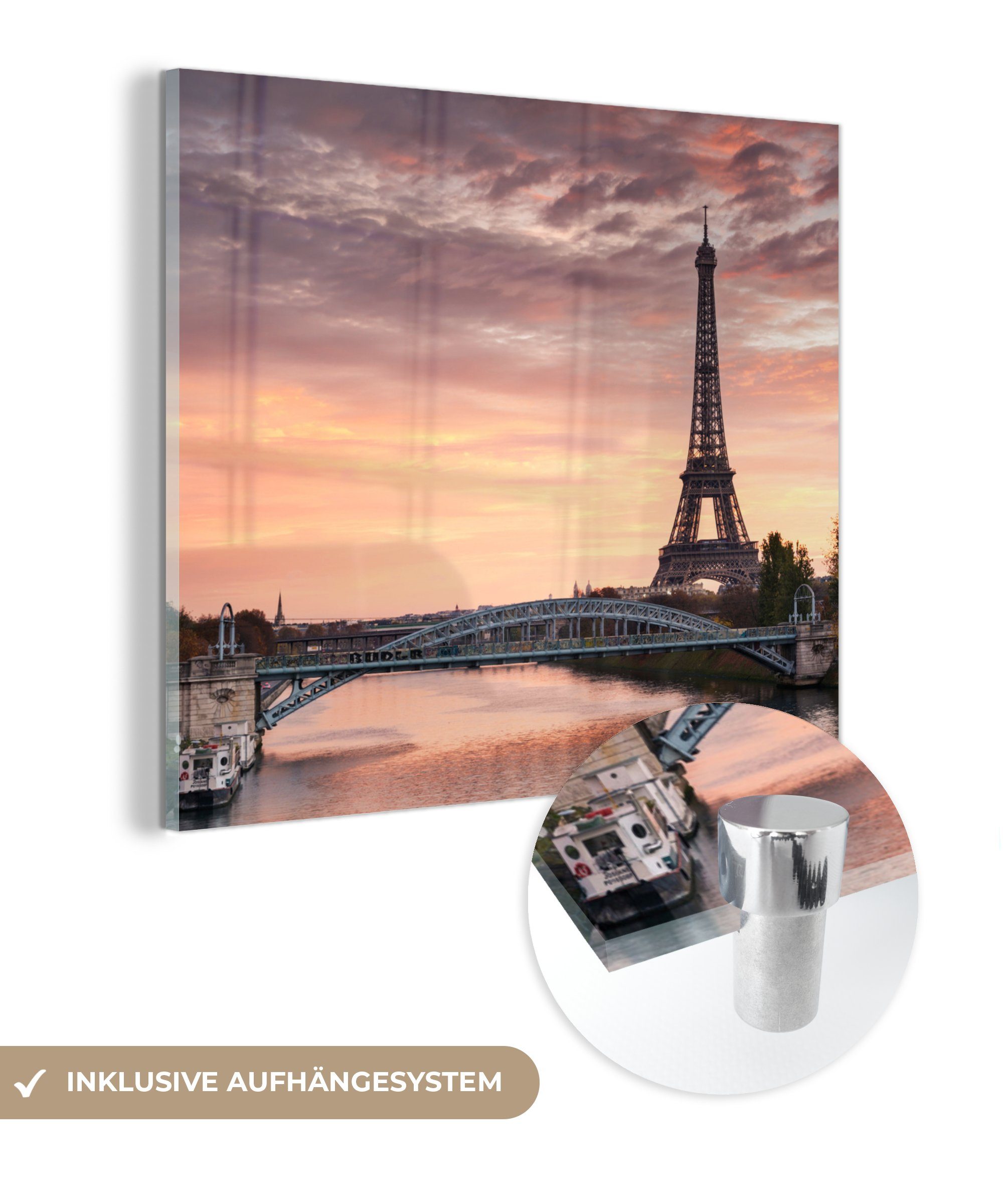 MuchoWow Acrylglasbild Sonnenuntergang hinter dem Eiffelturm, (1 St), Glasbilder - Bilder auf Glas Wandbild - Foto auf Glas - Wanddekoration