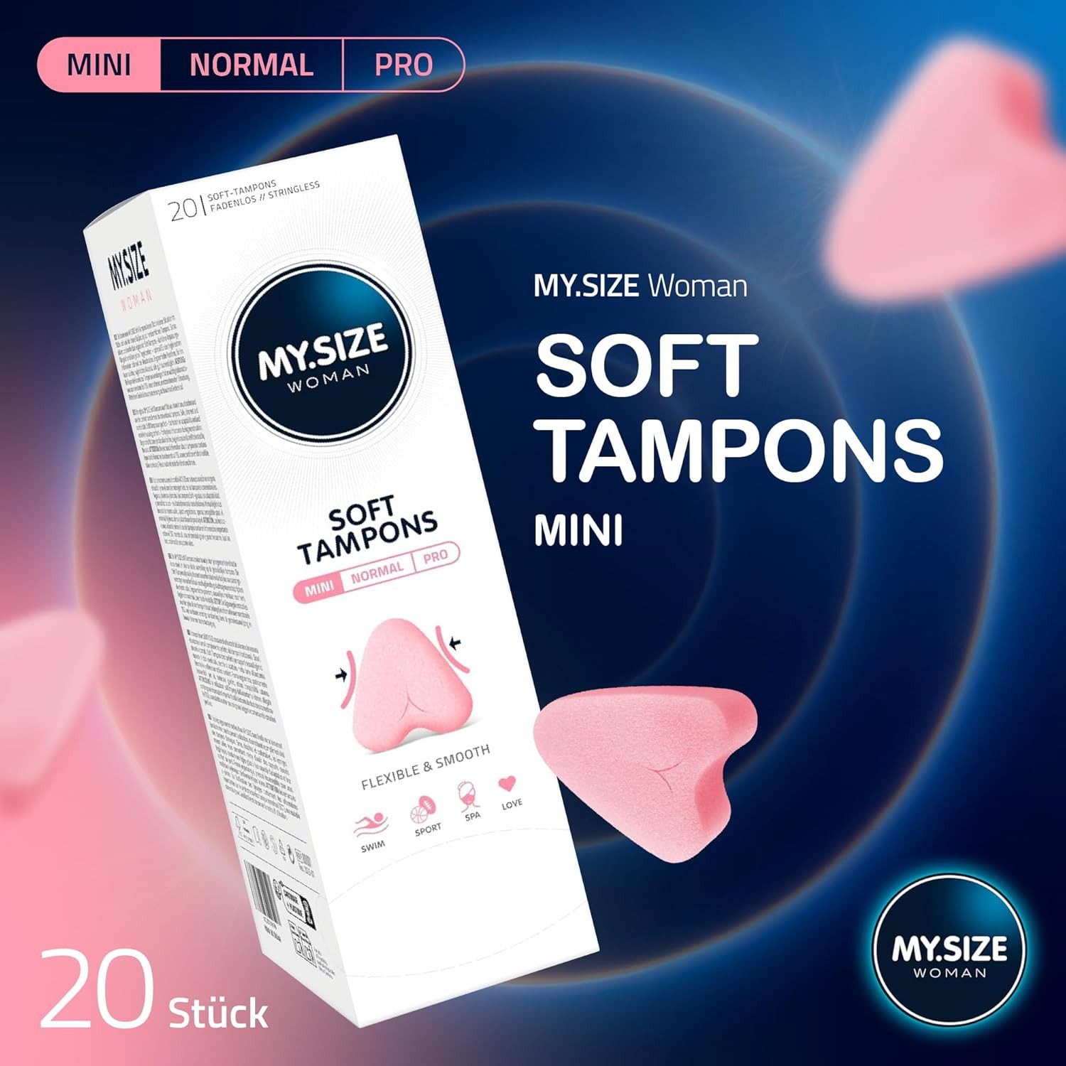 MY.SIZE Tampons Soft-Tampons, Fadenlose Freiheit für Spa, Sport und Love, Mini Gr., Fadenlose Tampons mit Lasche zum Entfernen