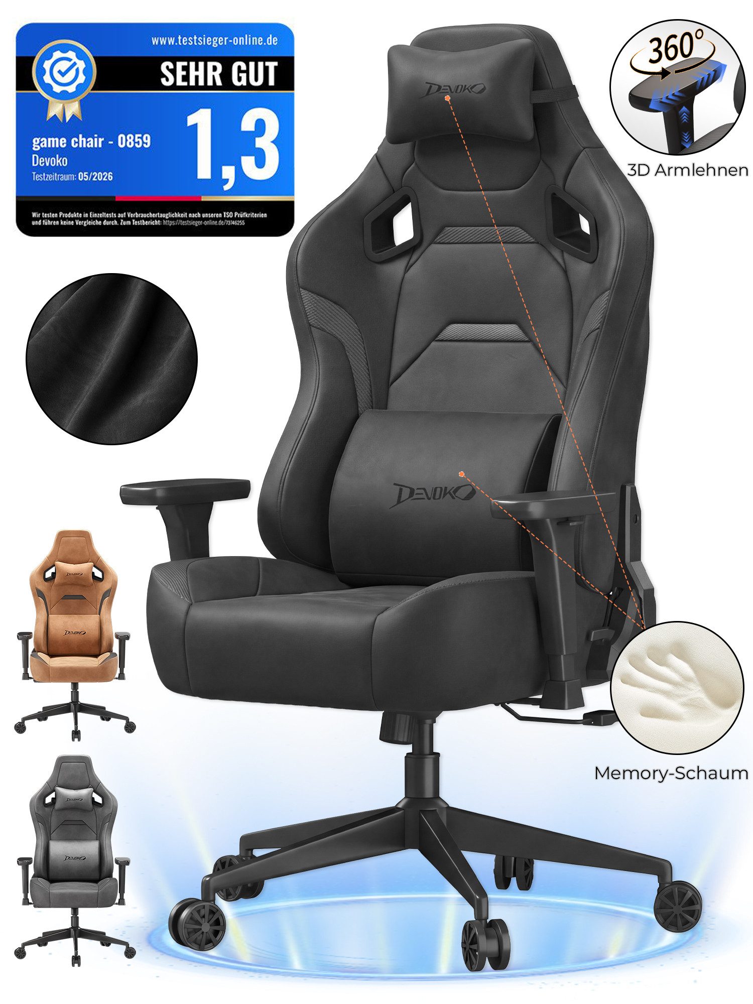 Devoko Gaming-Stuhl Luxuriöser Wildlederimitat,Großzügigem Sitz,gaming stuhl 200kg, Verstellbare Rückenlehne 90°–135°,3D-verstellbare Armlehnen