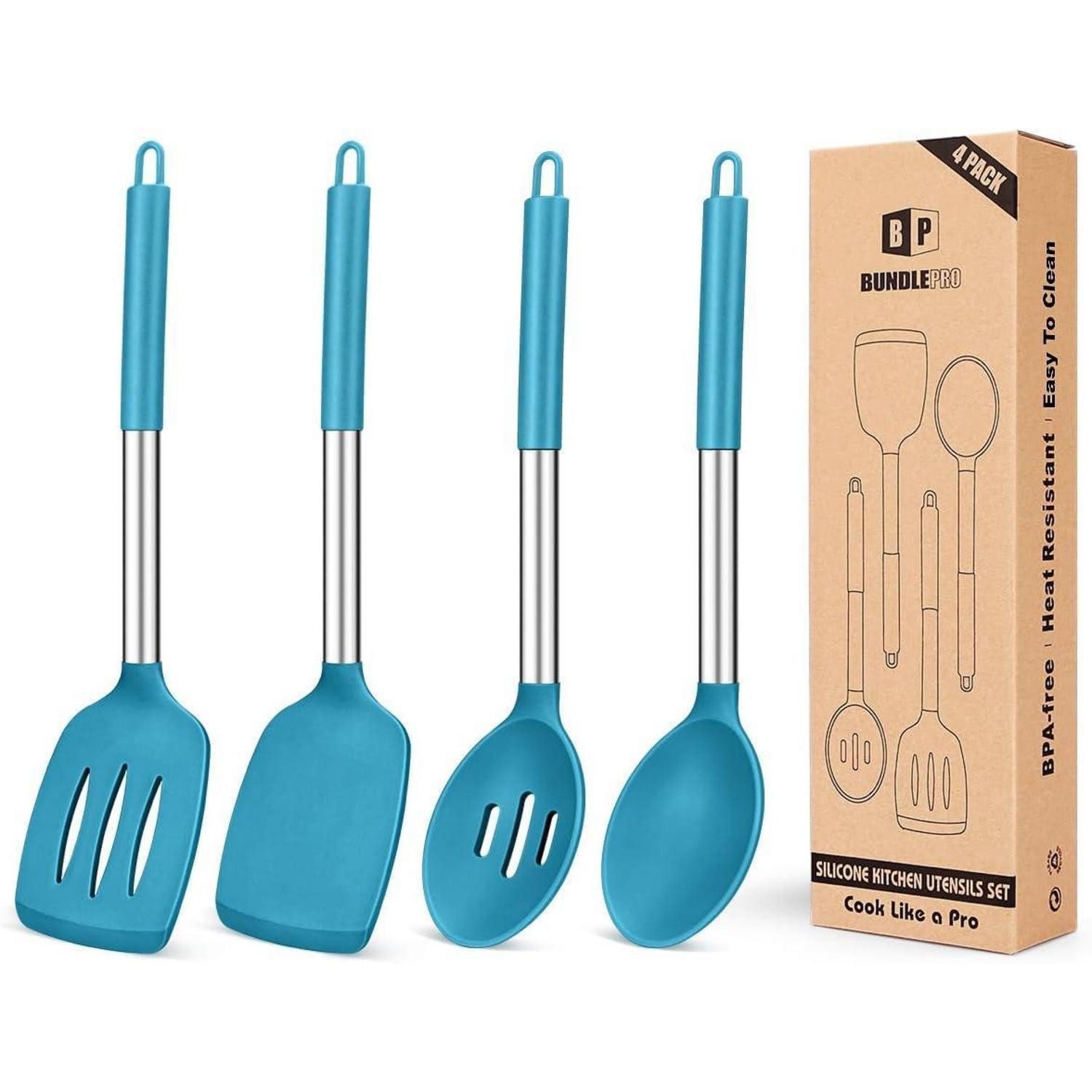Kochbesteck-Set Silikon Kochutensilien Set 4er Spatel Küchenwender BPAfrei Blau