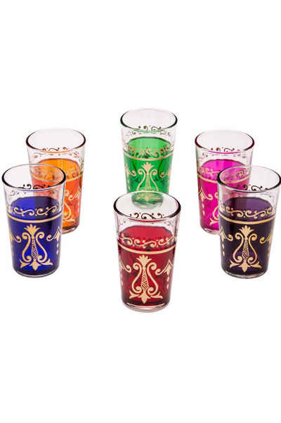 Marrakesch Orient & Mediterran Interior Teeglas Orientalische verzierte Teegläser Set 6 Gläser Arab bunt Gold, Marokkanische Tee Gläser 6 Farben Deko orientalisch, 6 x Orientalisches Marokkanisches Teeglas verziert, verschiedene Muster, 6-teilig