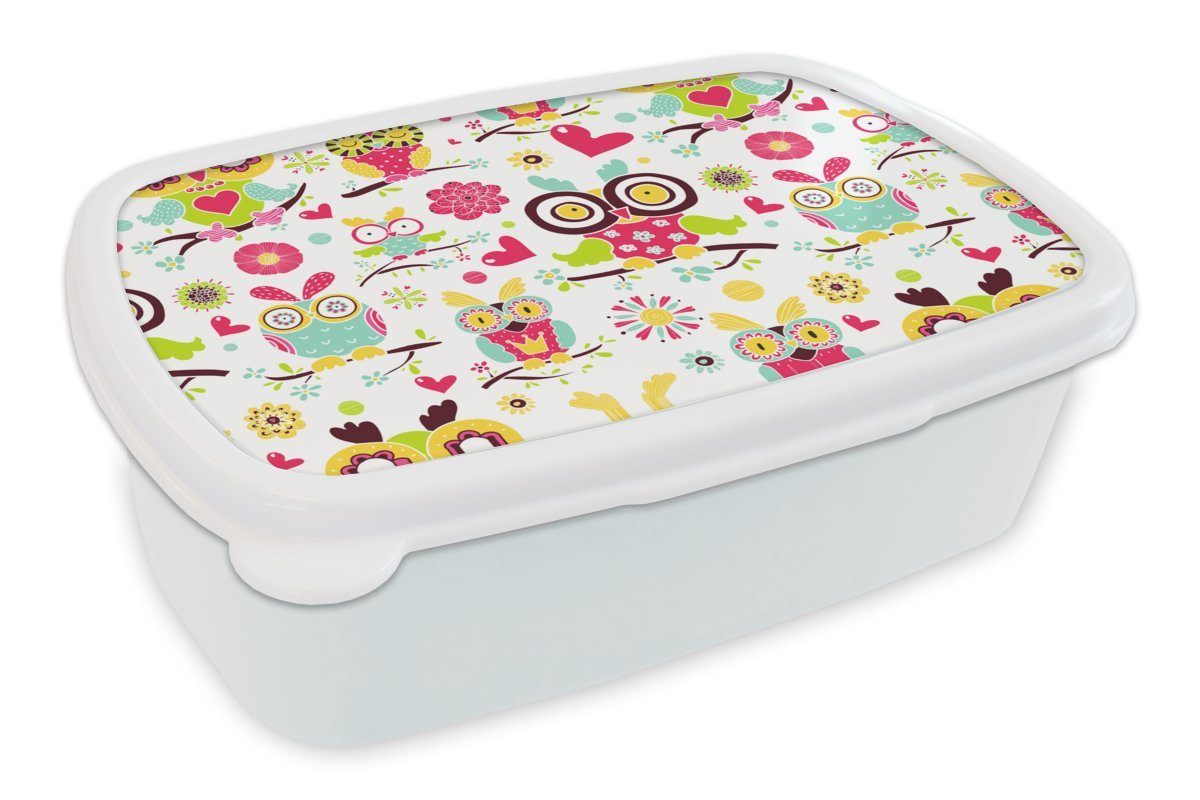 MuchoWow Lunchbox Muster - Eule - Tiere, Kunststoff, (2-tlg), Brotbox für Kinder und Erwachsene, Brotdose, für Jungs und Mädchen weiß