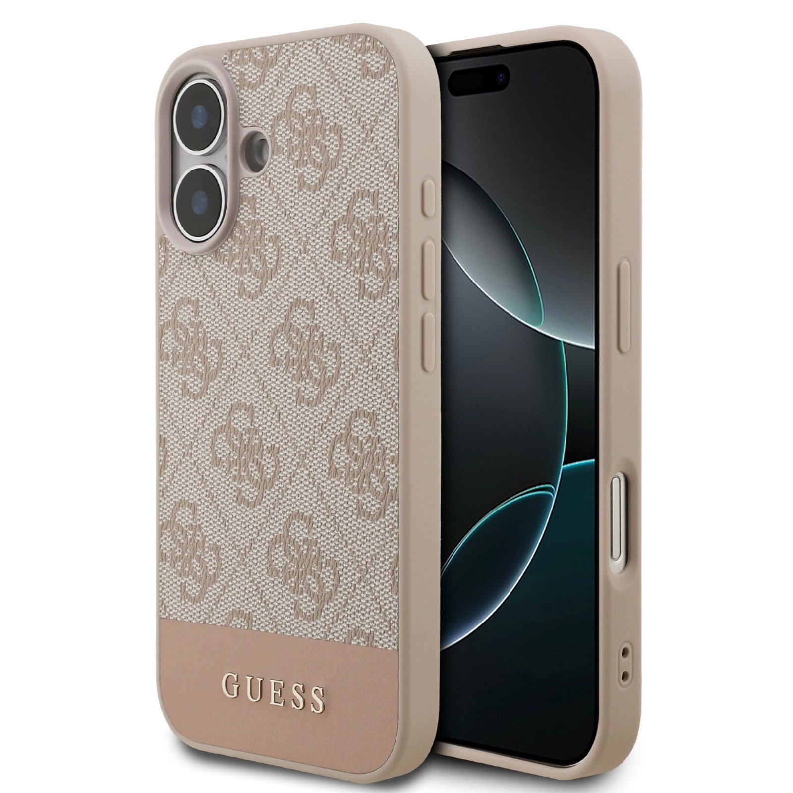 Guess Handyhülle Case iPhone 17 Classic Kunstleder rosa Muster Logo goldfarbig 6,3 Zoll, Kantenschutz