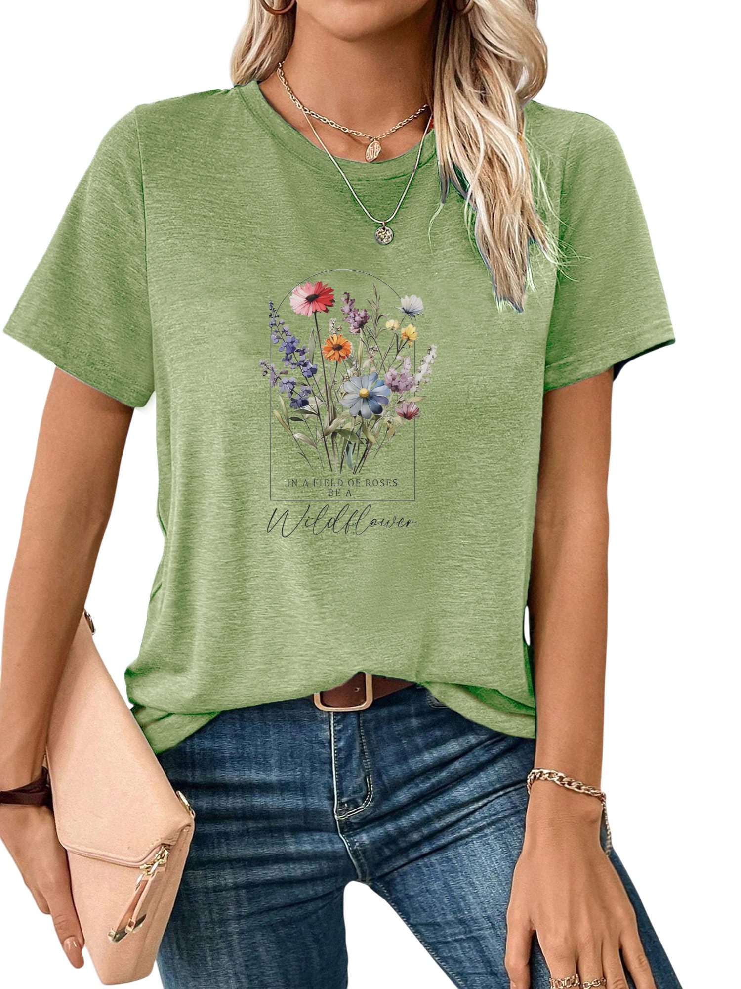 PYLIKE Kurzarmshirt Damen Frühling Casual bequemes t shirt mit Blumen Print günstig online kaufen
