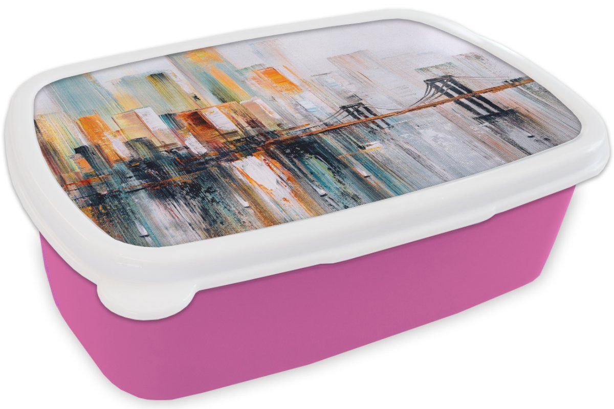 MuchoWow Lunchbox Mädchen, Abstrakt, - Snackbox, für Brotbox - Kunststoff Skyline Brotdose Ölgemälde Kunststoff, (2-tlg), Kinder, rosa Erwachsene