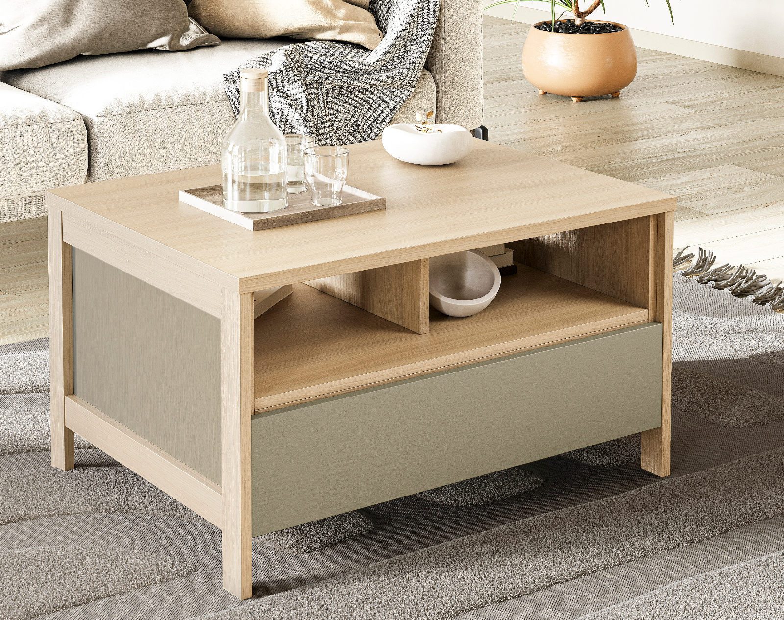 Furn.Design Couchtisch Finnes (Wohnzimmer Tisch in Salbei mit Eiche Natur, 80 x 60 cm), Schublade mit Soft-Close-Funktion