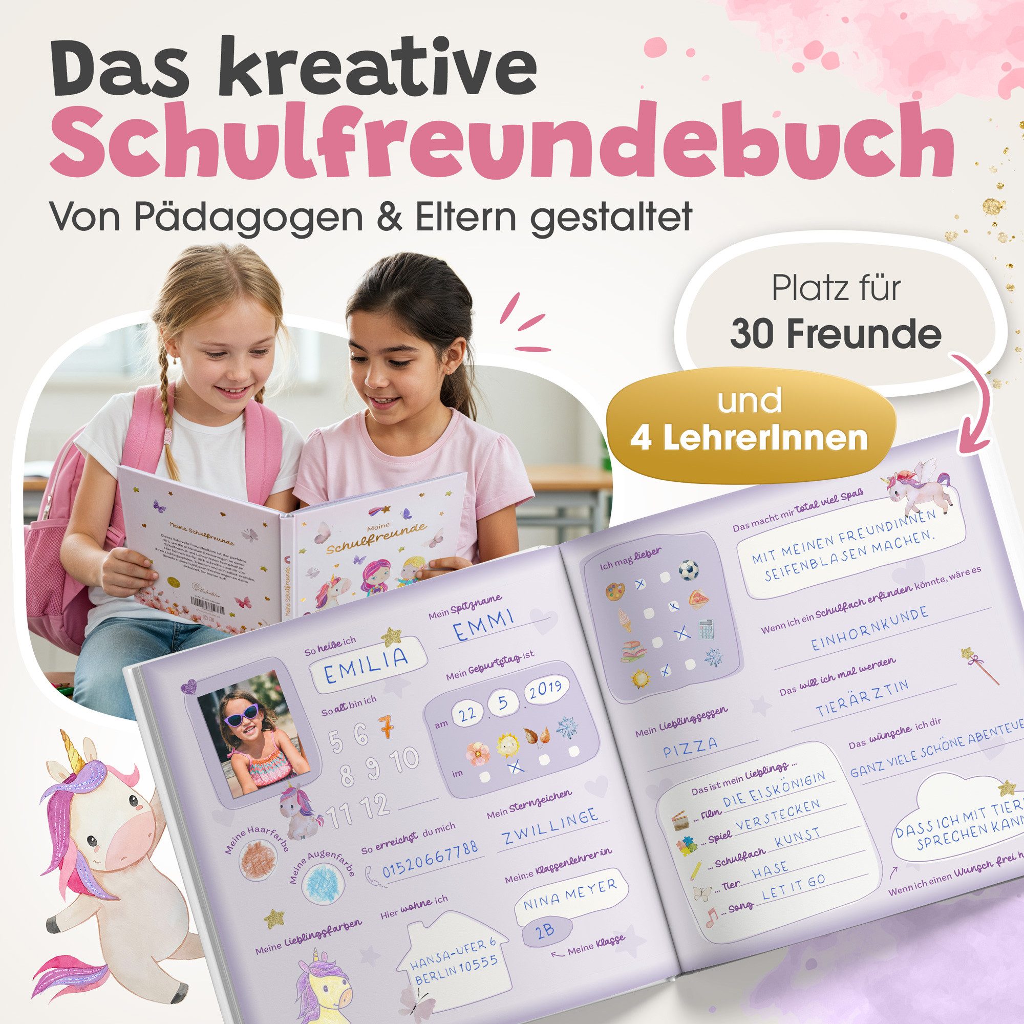 Eulentaler Freundebuch für Mädchen (Schule) I von Pädagogen gestaltet, Prinzessinen, Einhörner & Goldprägung, Geschenk für Schulkinder – Bild 3 von 5