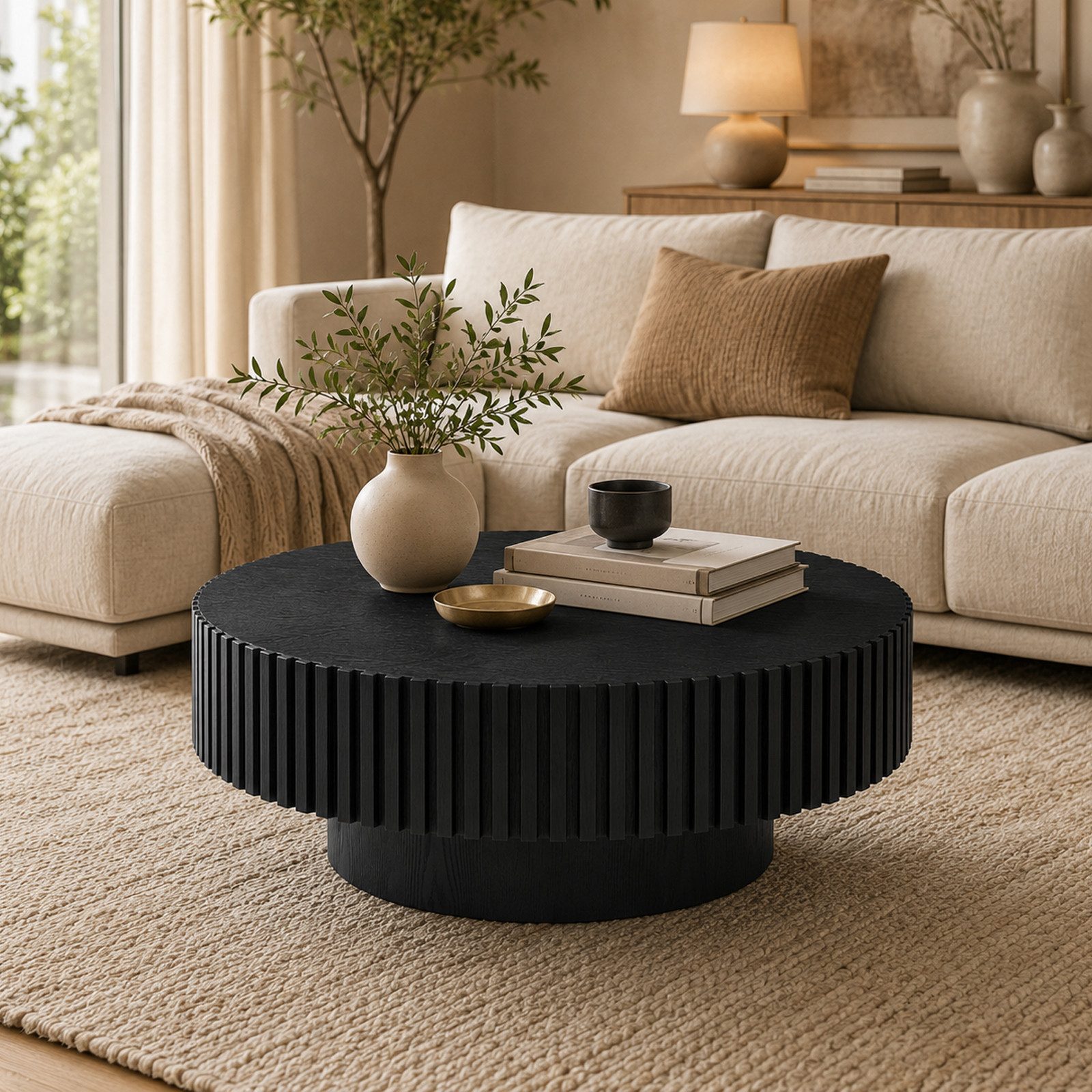PEALOV Couchtisch Ø 80 × H 35 cm mit Rillenoptik (1-St), Moderner Sofatisch in Holzoptik für Wohnzimmer und Lounge