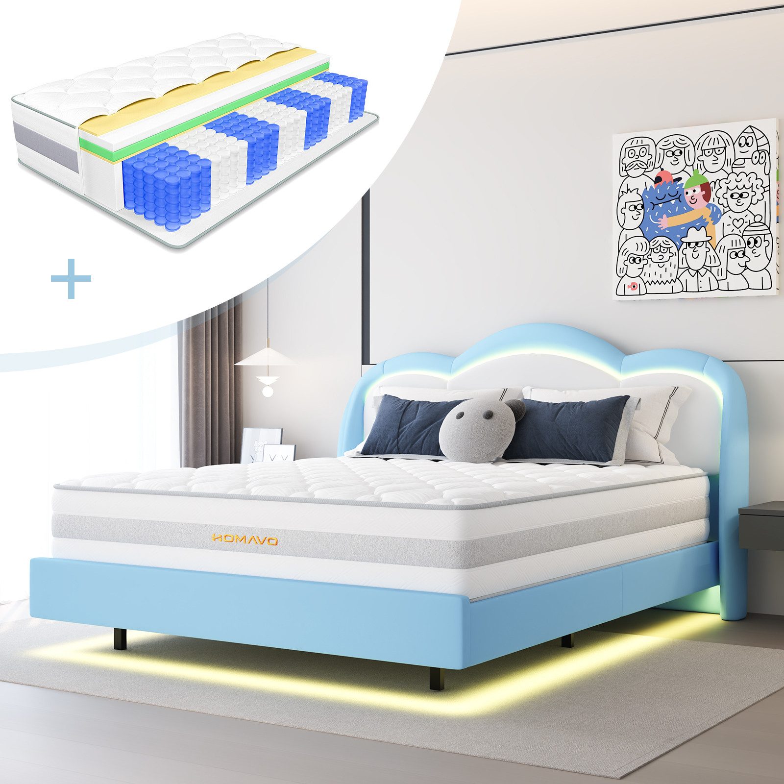 HOMAVO Boxbett Polsterbett inkl. Taschenfederkernmatratze mit integriertem Topper (140 × 200 cm Spar-Set, FSC® Polsterbett mit LED & 25 cm 7-Zonen-Matratze), Orthopädisch für Kinder, Jugendliche & Erwachsene