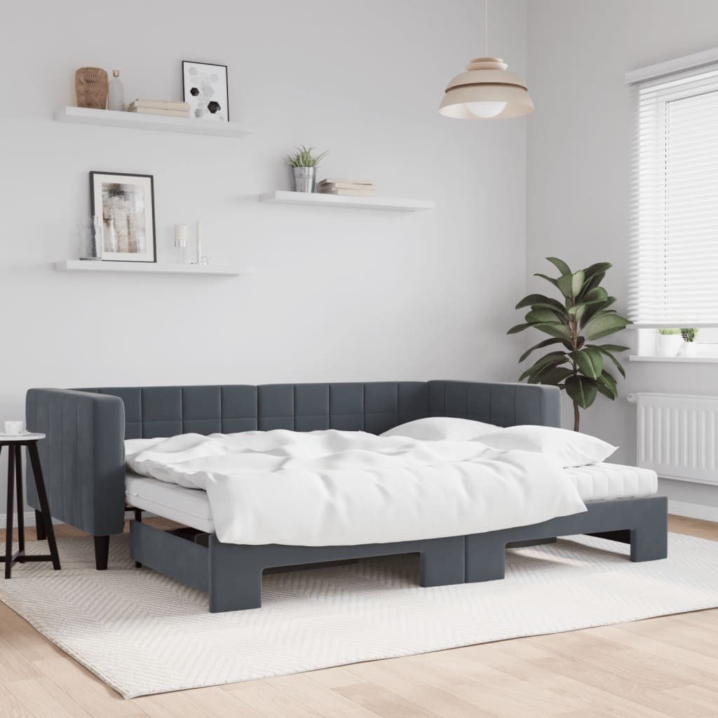 vidaXL Daybed, Tagesbett Ausziehbar mit Matratzen Dunkelgrau 90x190 cm Samt