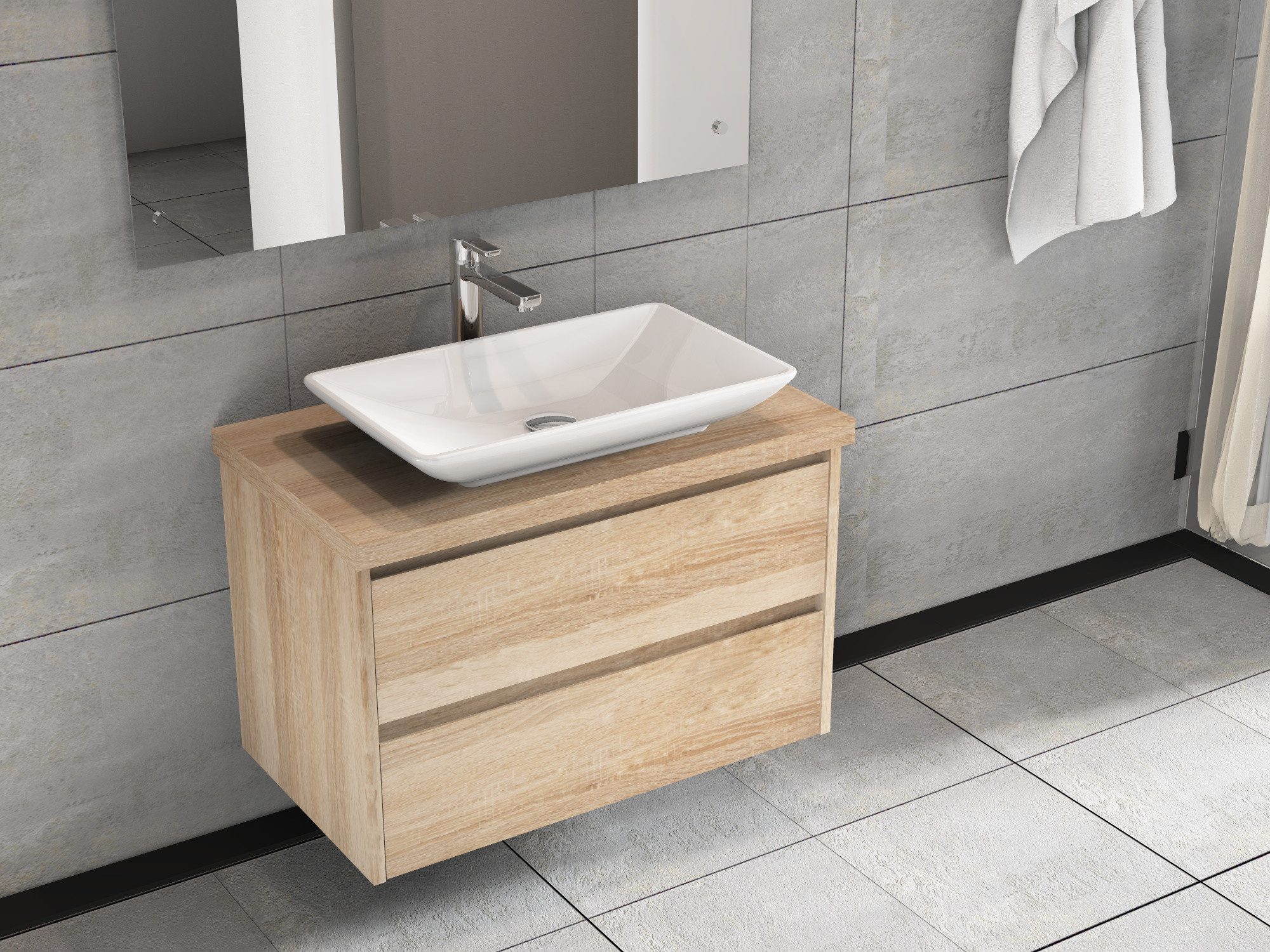 Aqua Bagno Badmöbel-Set Unterschrank mit Waschtisch eiche Gold 80cm Badschrank, (vormontiert, 3-St., Badmöbelschrank melaminbeschichtet, Trägerplatte, Keramikwaschbecken), einfache Montage, Skandi