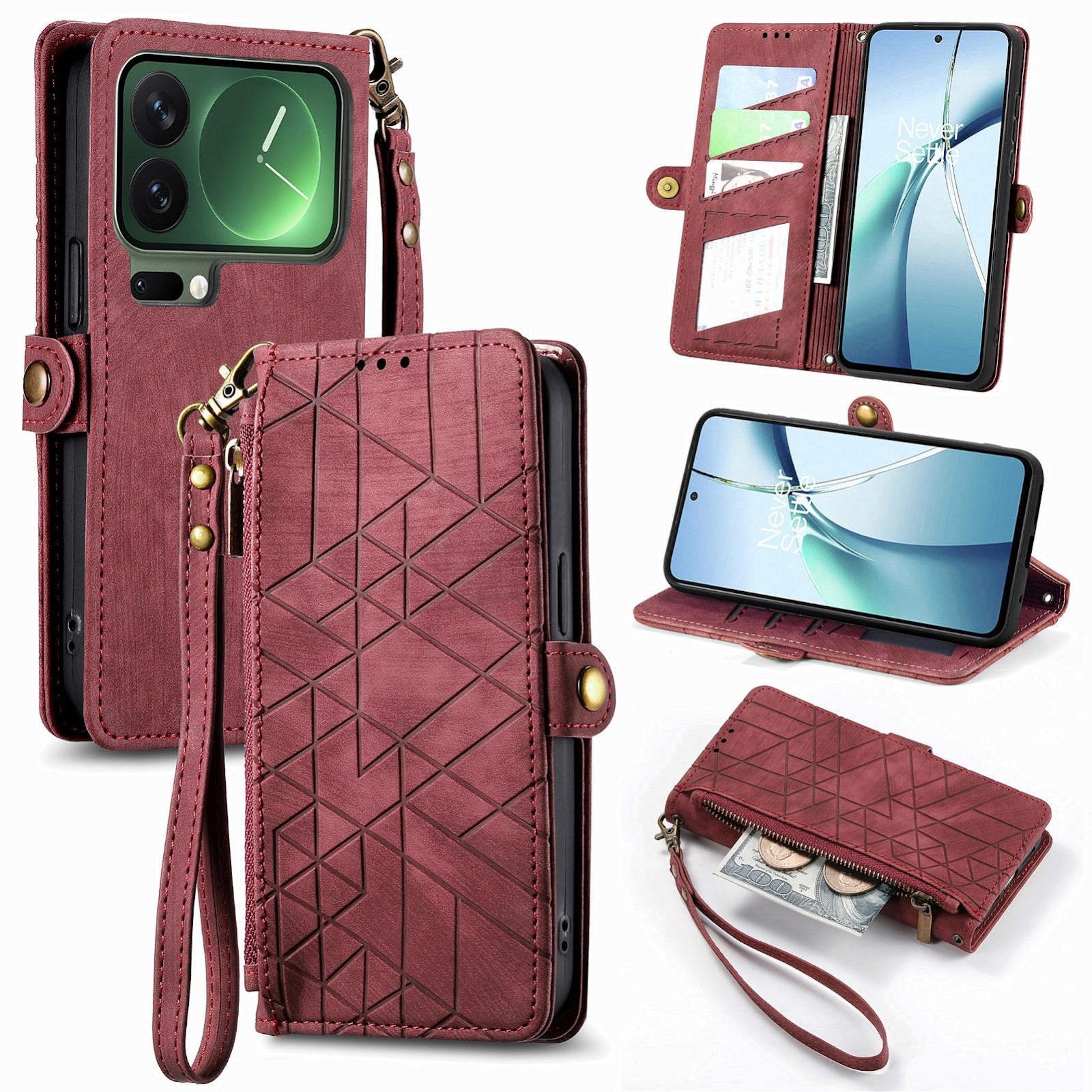 Wigento Handyhülle Für Xiaomi 17 Pro Max Geometric Kunstleder Zipper Book Hülle Rot, Kartenfächer, Reißverschlussfach, Standfunktion