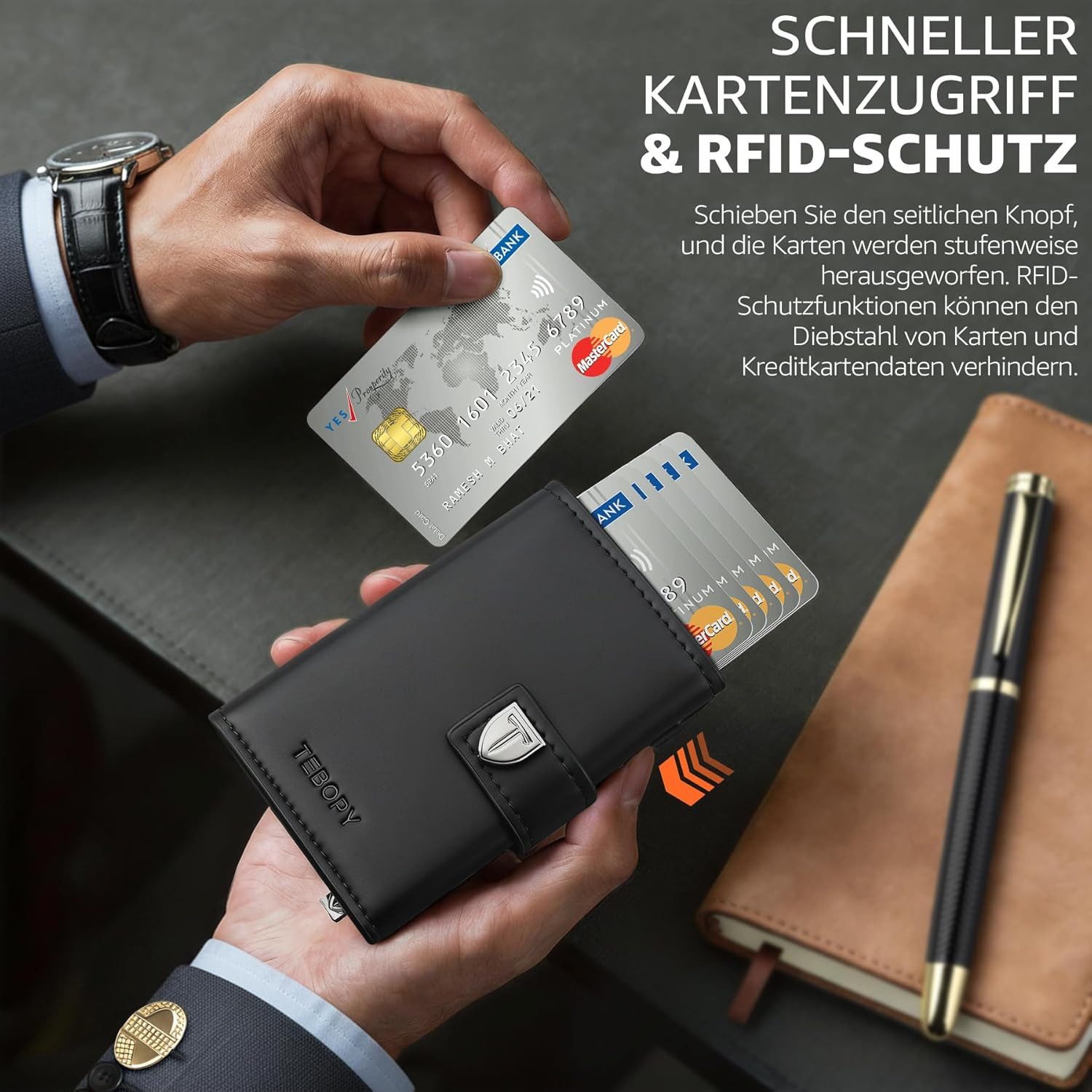 Ophy Geldbörse Herren Portemonnaie Set – Slim Wallet mit RFID-Schutz & Münzfach (Kugelschreiber + Manschettenknöpfe), für 10 Karten – Premium Geschenkset – Bild 5 von 5