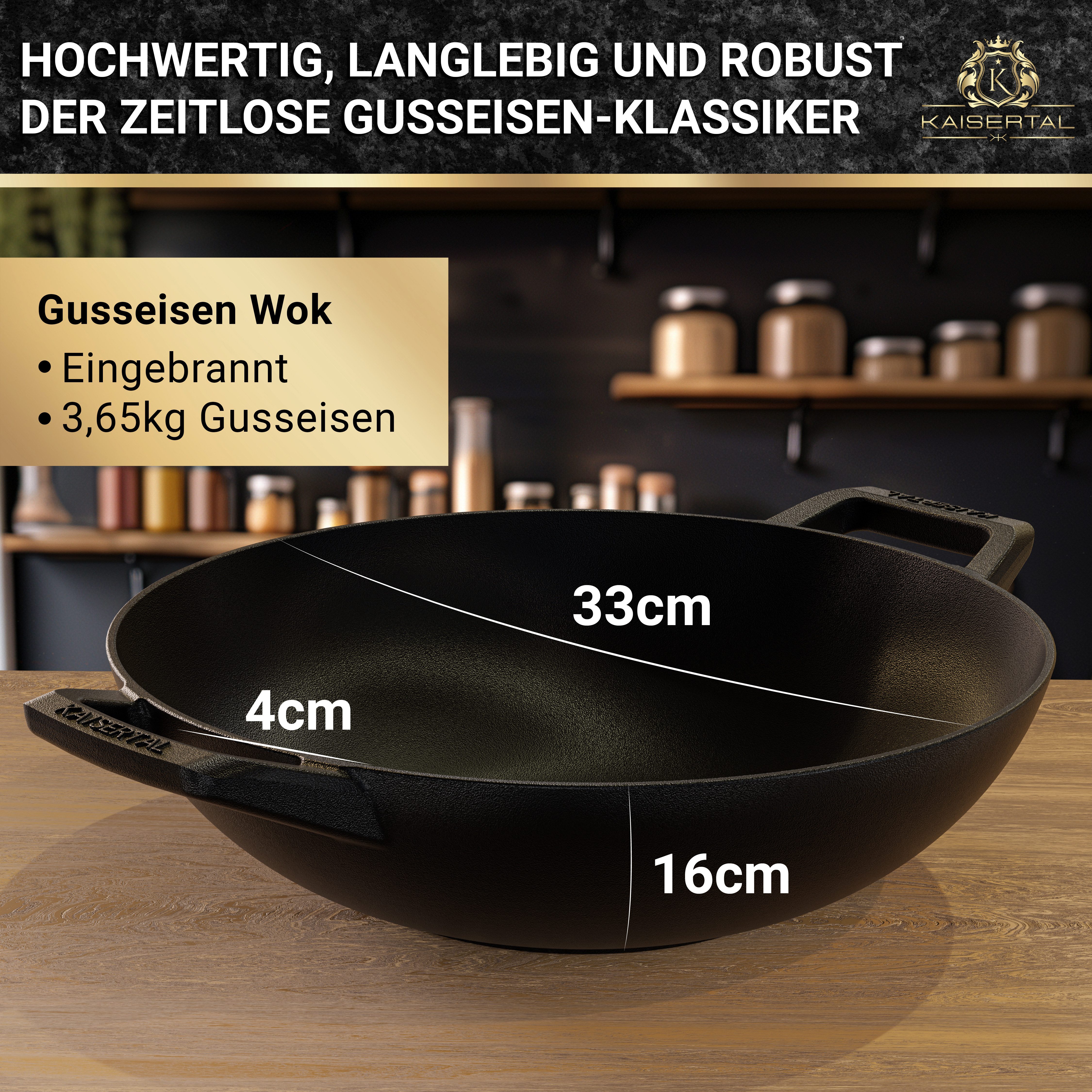 Kaisertal Wok Wok KAISERTAL 32cm Gusseisen Wok Induktion - Wokpfanne aus Gusseisen, Gusseisen, Wok Pfanne Induktion & Backofengeeignet - mit / ohne Deckel