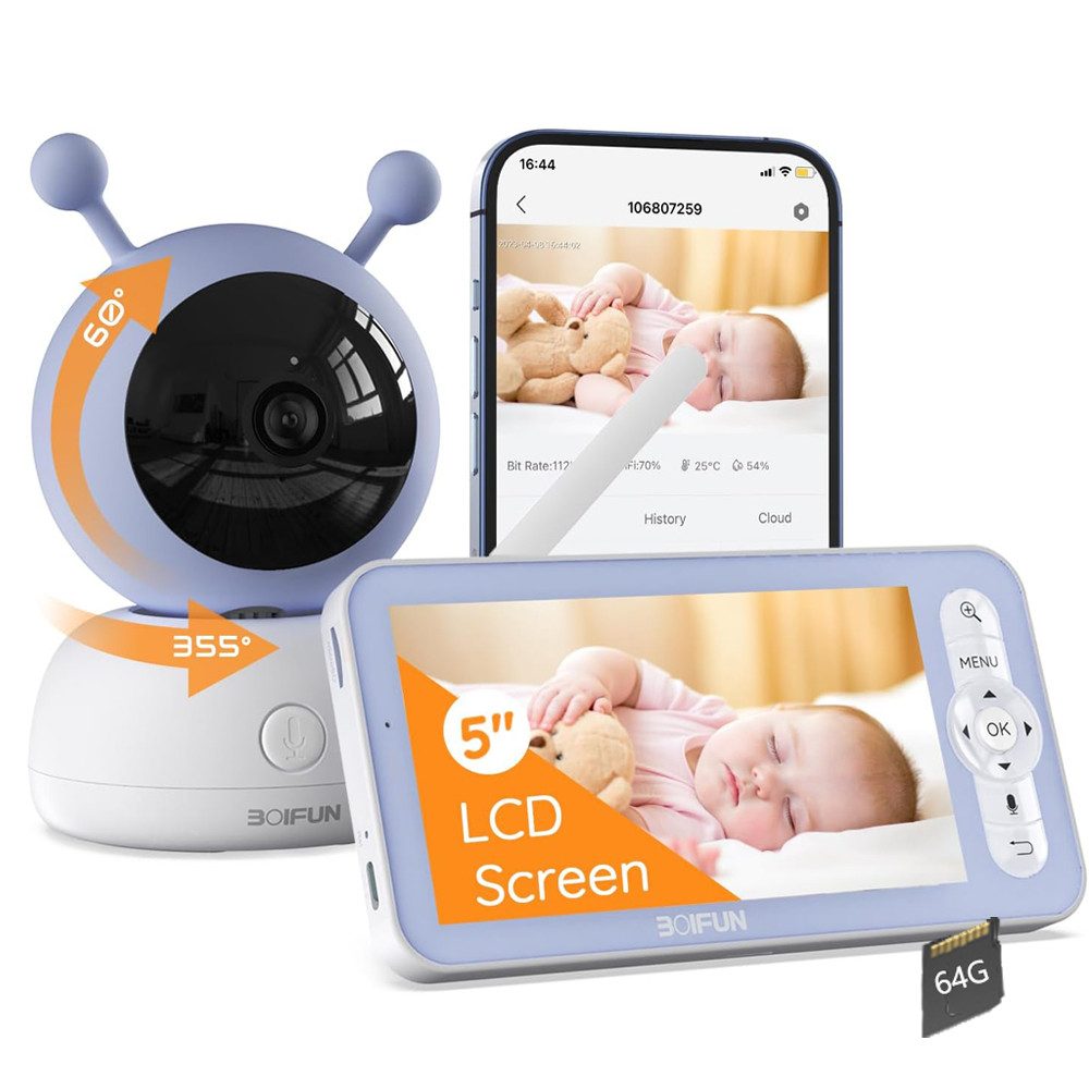 Babyphone 1080P/5 Zoll Babyphone mit Kamera und App-Intelligente Nachtsicht