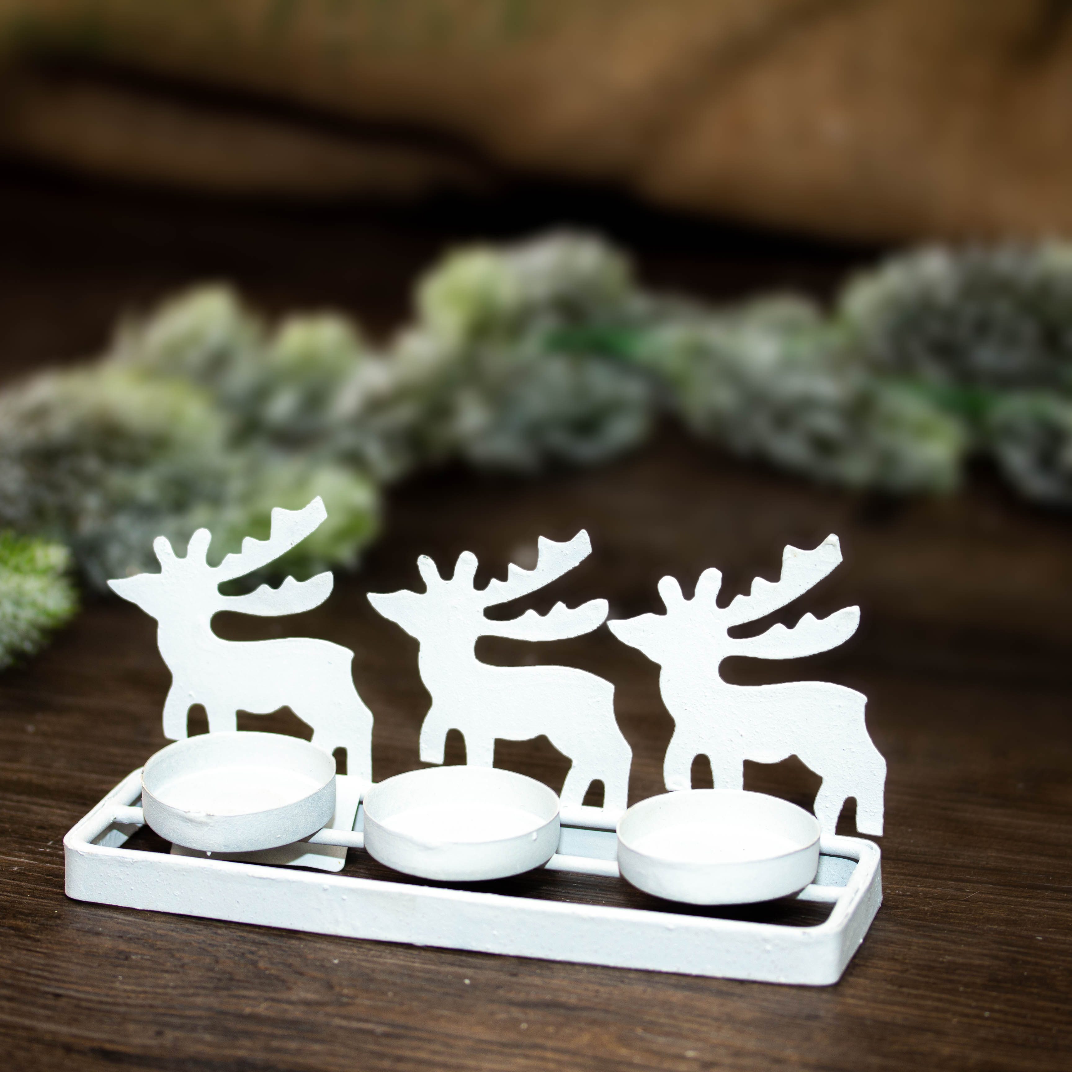 Weihnachtsfigur Teelichthalter Rentiere, Metall weiß lackiert, Weihnachtsdeko