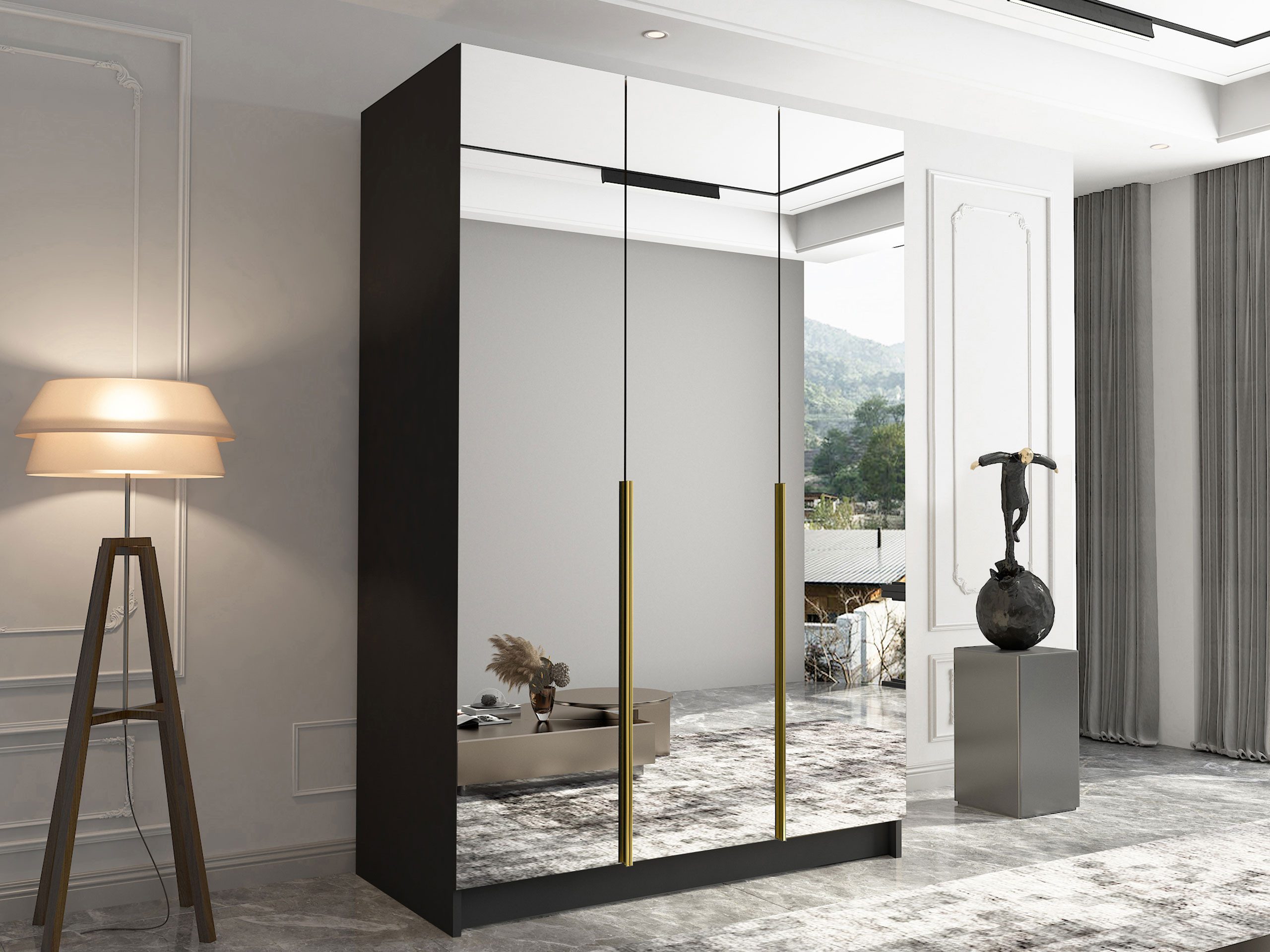 MIRJAN24 Kleiderschrank Calia III (mit drei Drehtüren) Kleiderstange, Metallgriffe, Frontspiegel