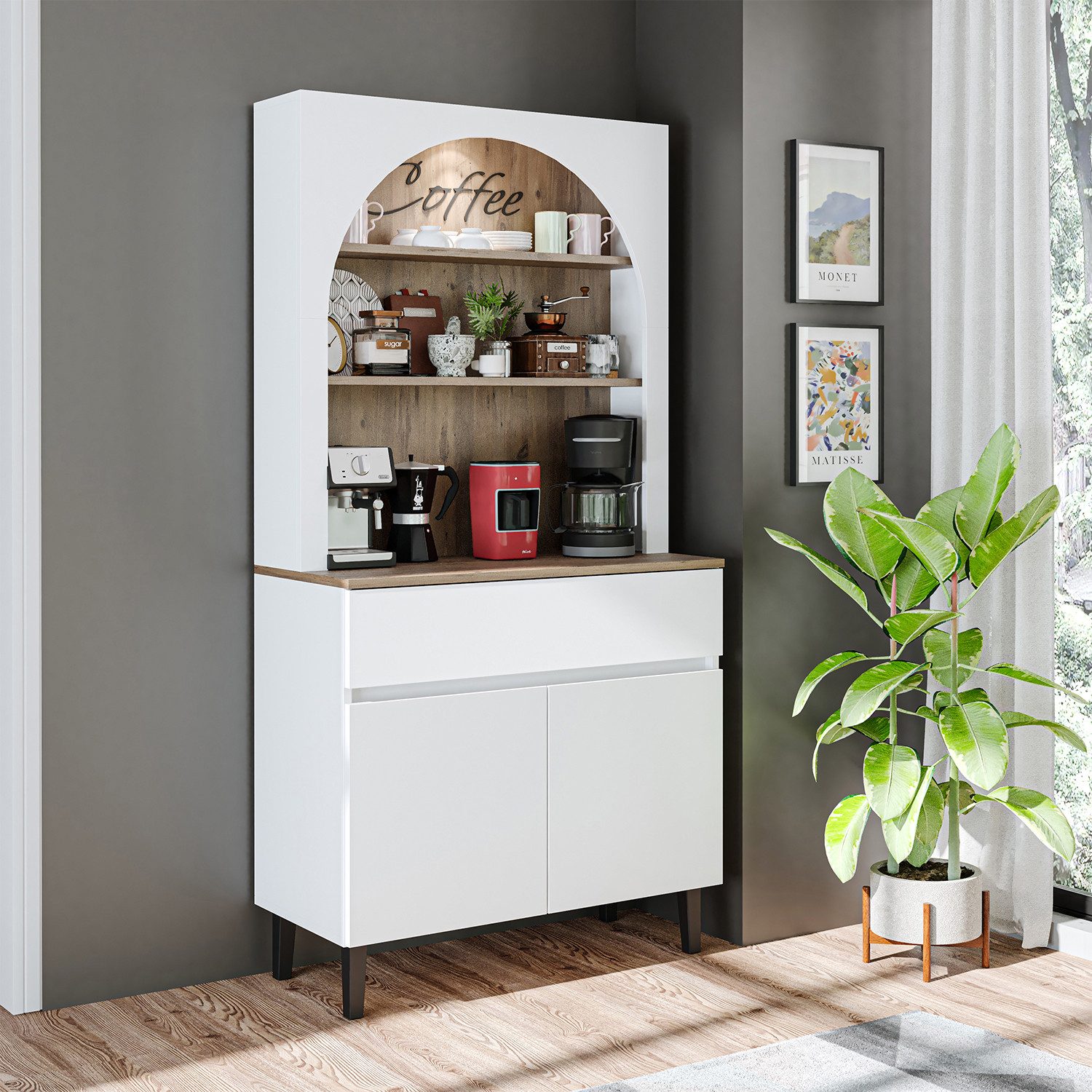 Roomart Küchenregal VENEDIK Küchenschrank 90 cm, Buffet, Schublade in 4 Farben, mit Beleuchtung, offene Nische, Schublade, Einlegeböden in 4 Farben – Bild 4 von 5