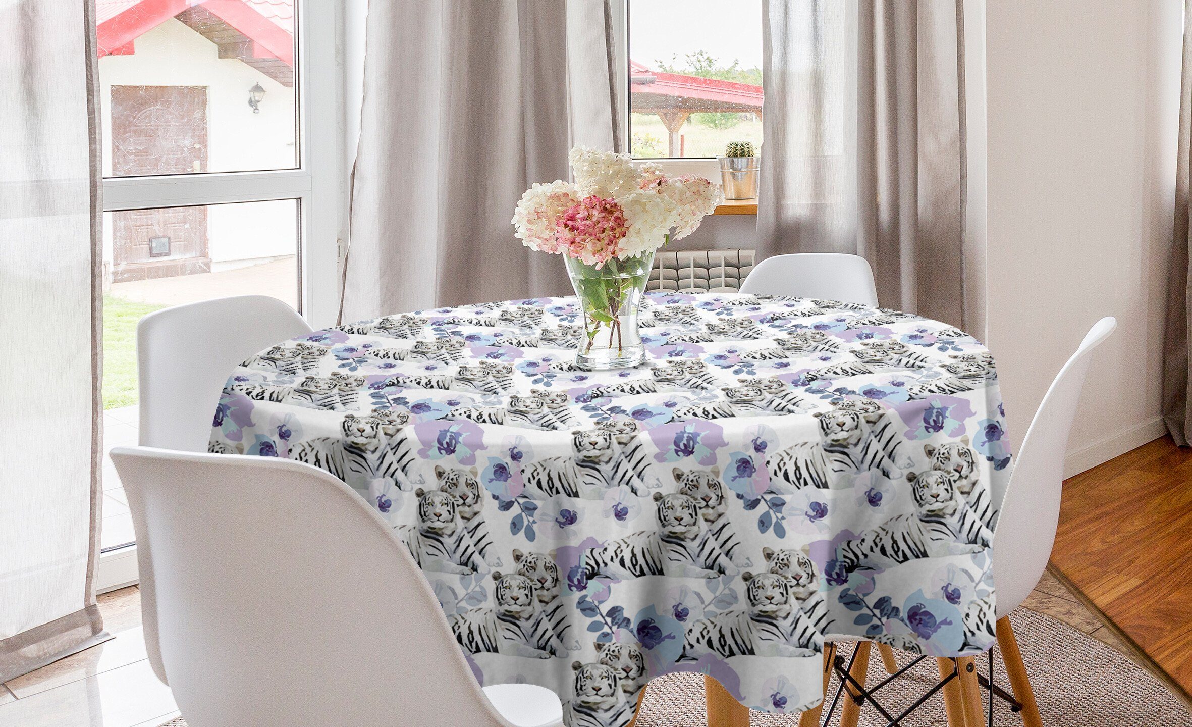 Abakuhaus Tischdecke Kreis Tischdecke Abdeckung für Esszimmer Küche Dekoration, Safari Leopards mit Blumen
