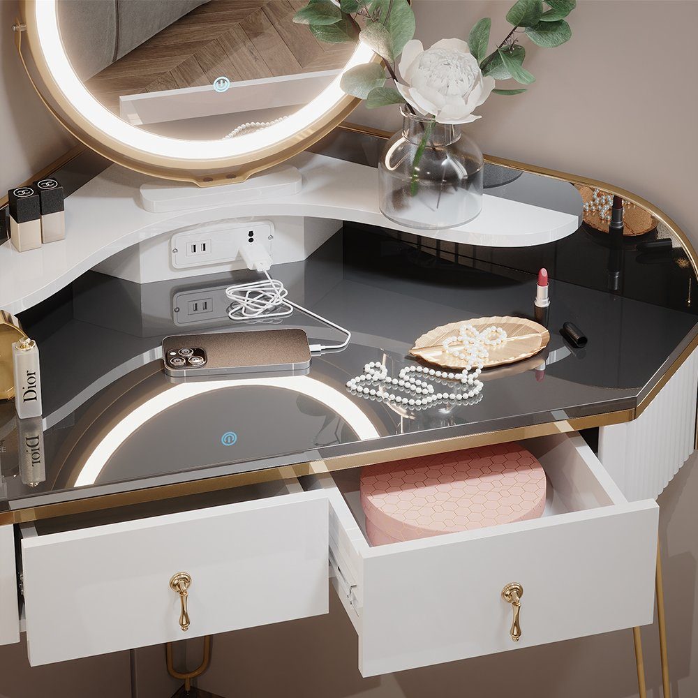 Vicco Schminktisch Amira, Weiß Hochglanz/Grau, 99cm mit LED Spiegel, Hocker und USB