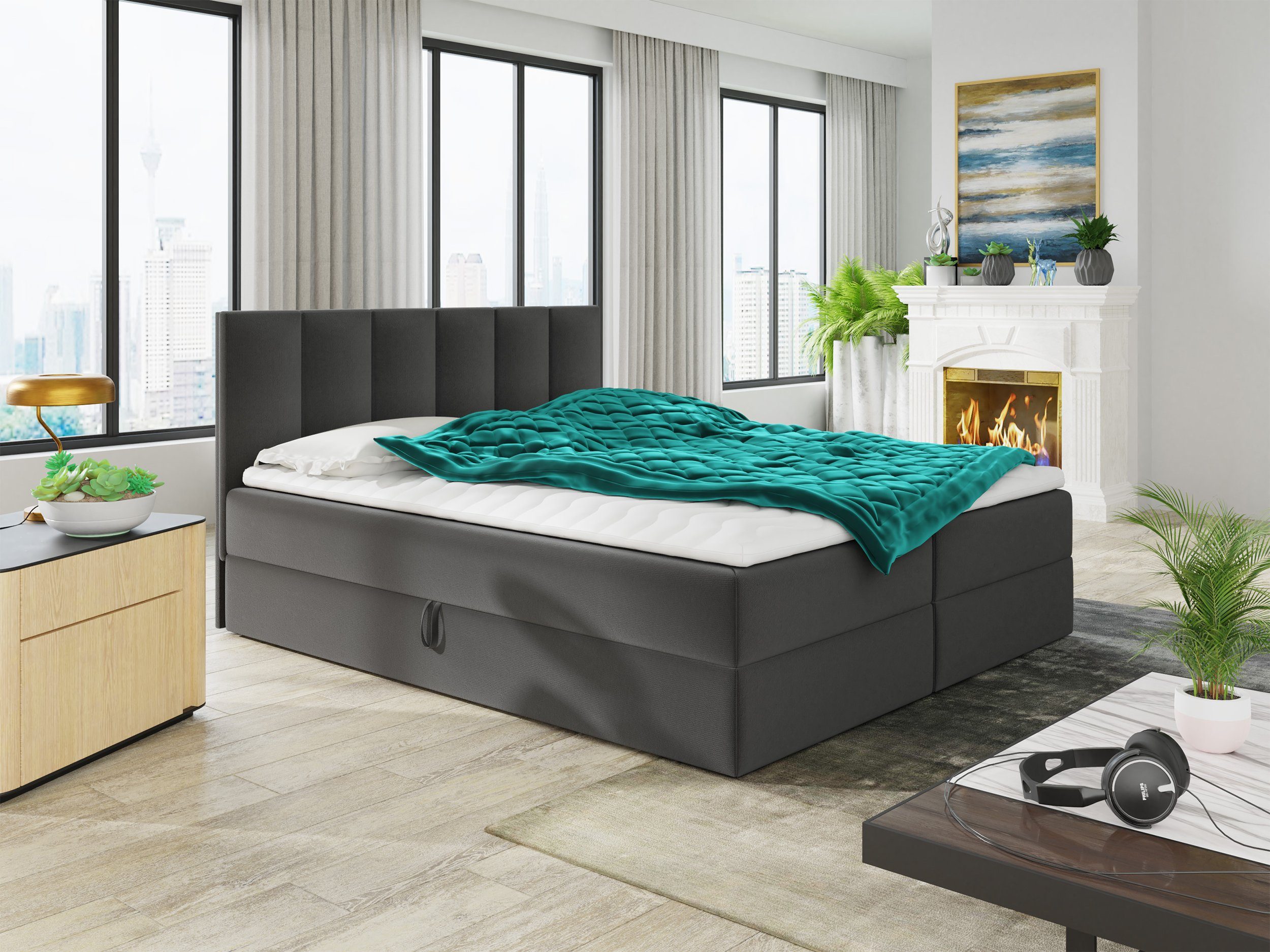 Sofnet Boxbett Star (mit zwei Bettkästen, Bonell-Matratze und Topper), Doppelbett, Polsterbett mit Kopfteil, Boxspringbett