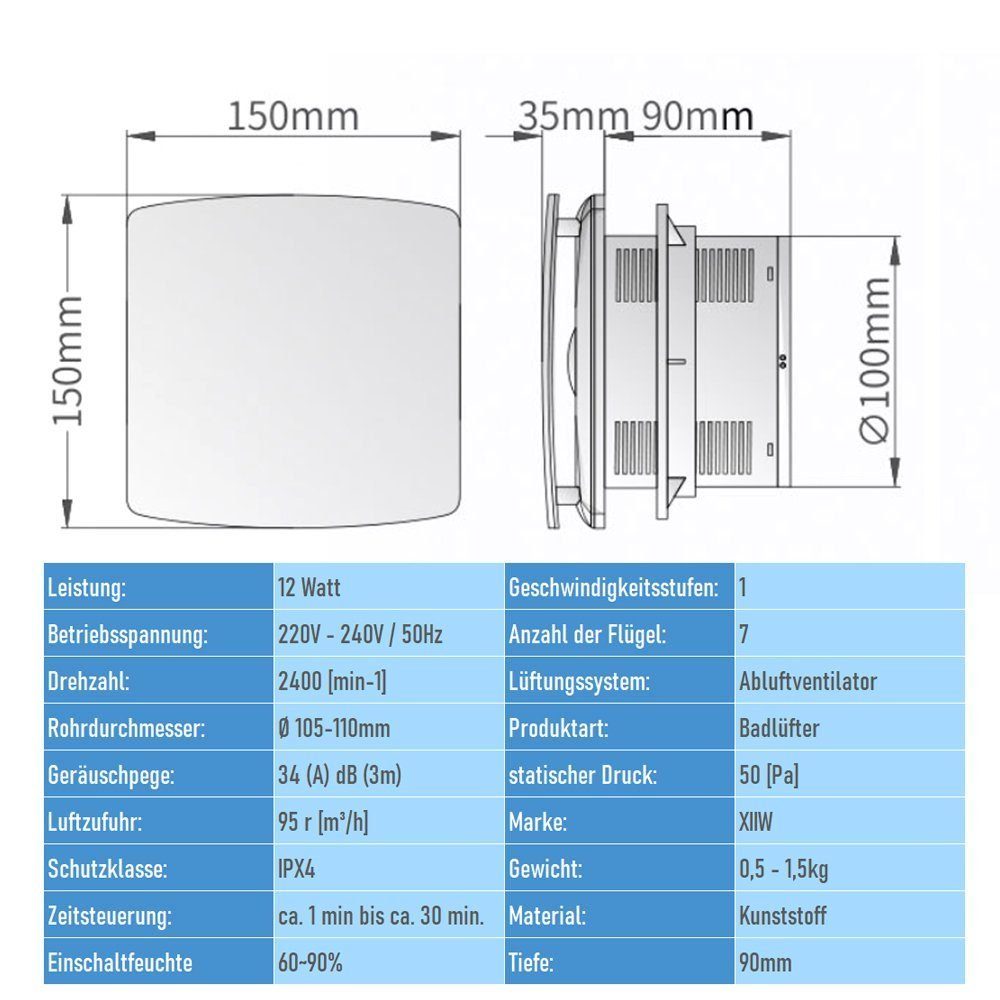 Geeignete XERSEK Badlüfter Aluminium Raumgröße leise, sehr Wandventilator Badezimmer 95m² Wandlüfter 100mm, Ventilator