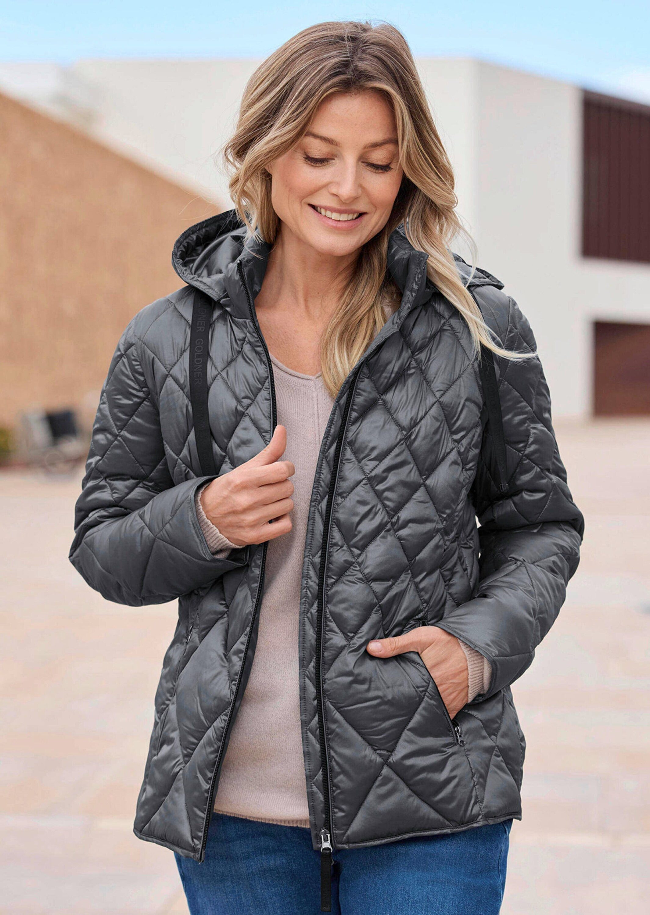 GOLDNER Outdoorjacke Kurzgröße: Winterjacke mit Metallic-Glanz Kapuzenjacke mit Stehkragen, 2-Wege-Reißverschluss und Langarm
