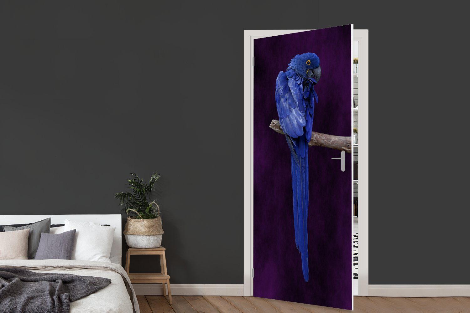 MuchoWow Türtapete bedruckt, Tür, Türaufkleber, für vor Hintergrund, Matt, cm Fototapete St), dunkelblauen Ein 75x205 Hyazinth-Ara einem (1