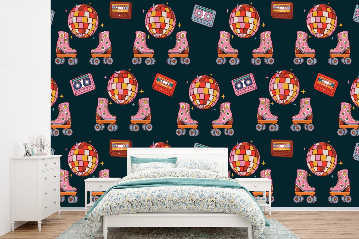 MuchoWow Fototapete Rollerskates - Muster - Disco, Matt, bedruckt, Wallpaper für Wohnzimmer, Schlafzimmer, Vinyl Tapete, 420x280 cm