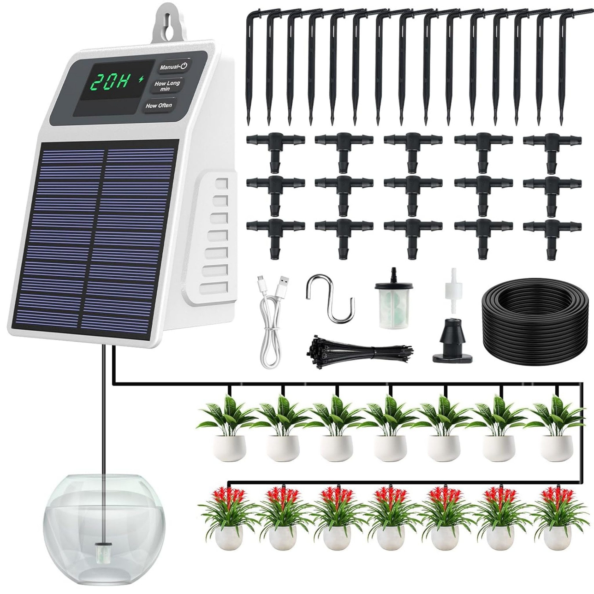 Blossom Bewässerungssystem Solar Bewässerungssystem Tropfbewässerung Set Automatisch, Akku, USB-C, (15 Tropfern, 10 m Schlauch, 30 Bewässerungsmodi), Gartenbewässerung für Balkon, Hochbeet & Gewächshaus