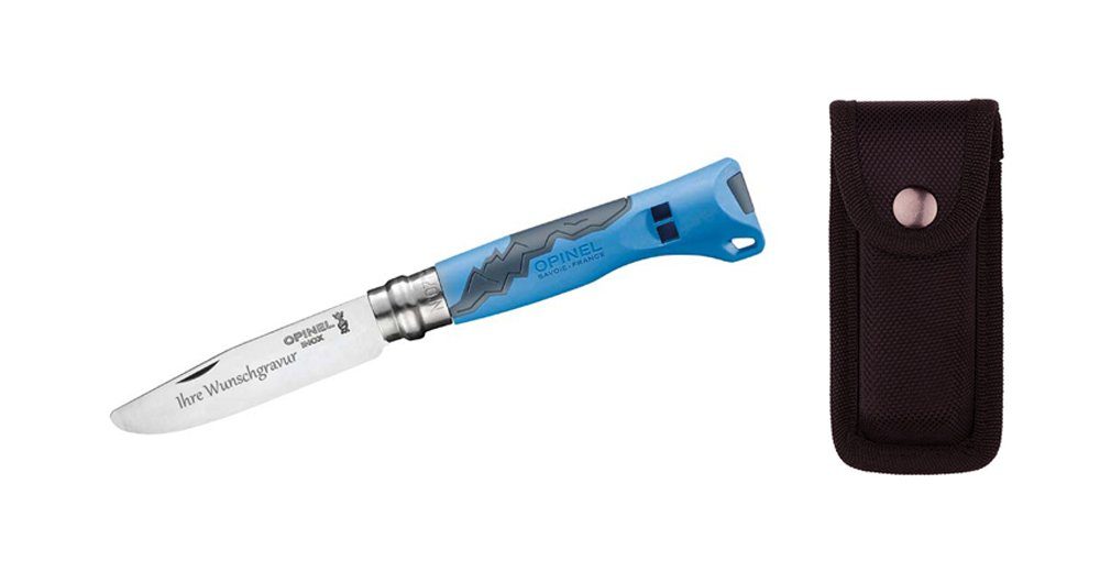 Opinel Taschenmesser Kindermesser OUTDOOR JUNIOR, mit Namensgravur + Nylonetui, (Speziell entwickeltes Taschenmesser für Kinder zum Schnitzen), persönliches Geschenk für Kinder, Pfadfinder oder Outdoor-Fans
