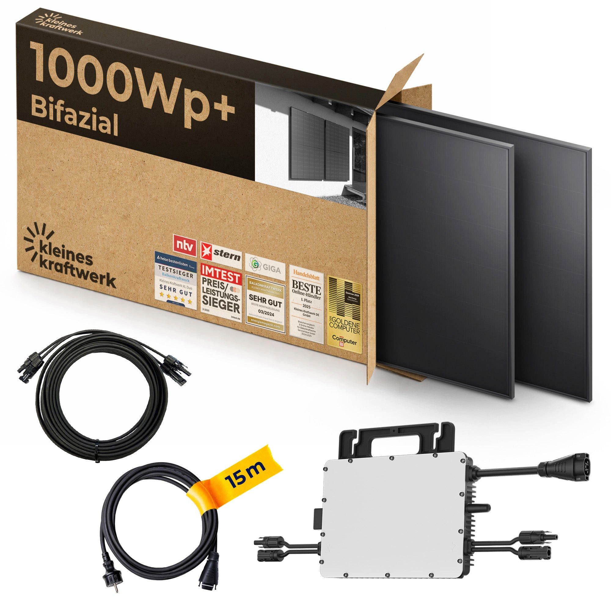 Kleines Kraftwerk Balkonkraftwerk, 1000 W, Monokristallin, (Wand, Solaranlage Komplettset mit Wechselrichter), 2 x 500W, Wechselrichter, Stromanschlusskabel, Solarverlängerungskabel
