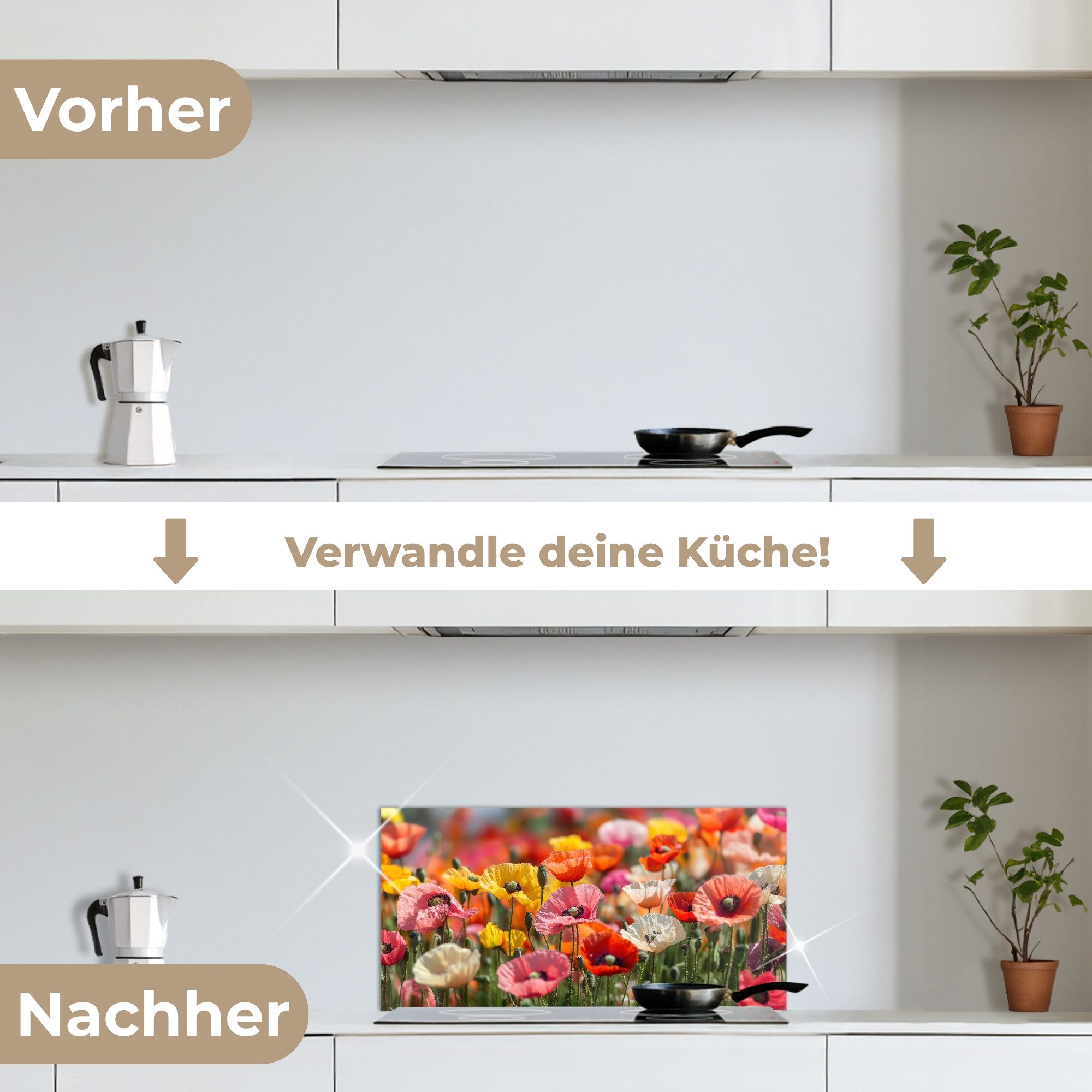 KitchenYeah Küchenrückwand selbstklebend (keine Folie) Blumenfeld - Mohnblumen - Farbenfroh, (1-tlg), Küchenrückwand, Spritzschutz, Kitchen, 60x30 cm – Bild 4 von 5