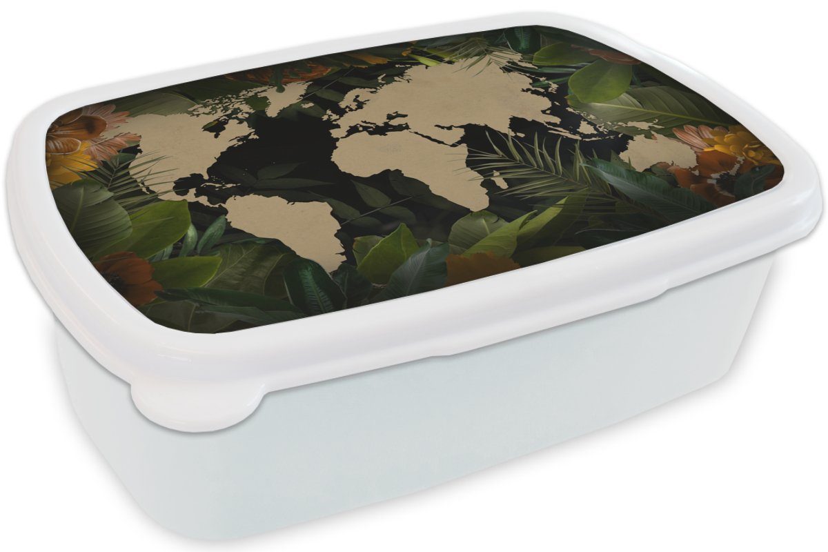 MuchoWow Lunchbox Weltkarte - Pflanzen (2-tlg), Brotdose, Erwachsene, Jungs weiß und Mädchen Brotbox - für für Blätter, und Kinder Kunststoff