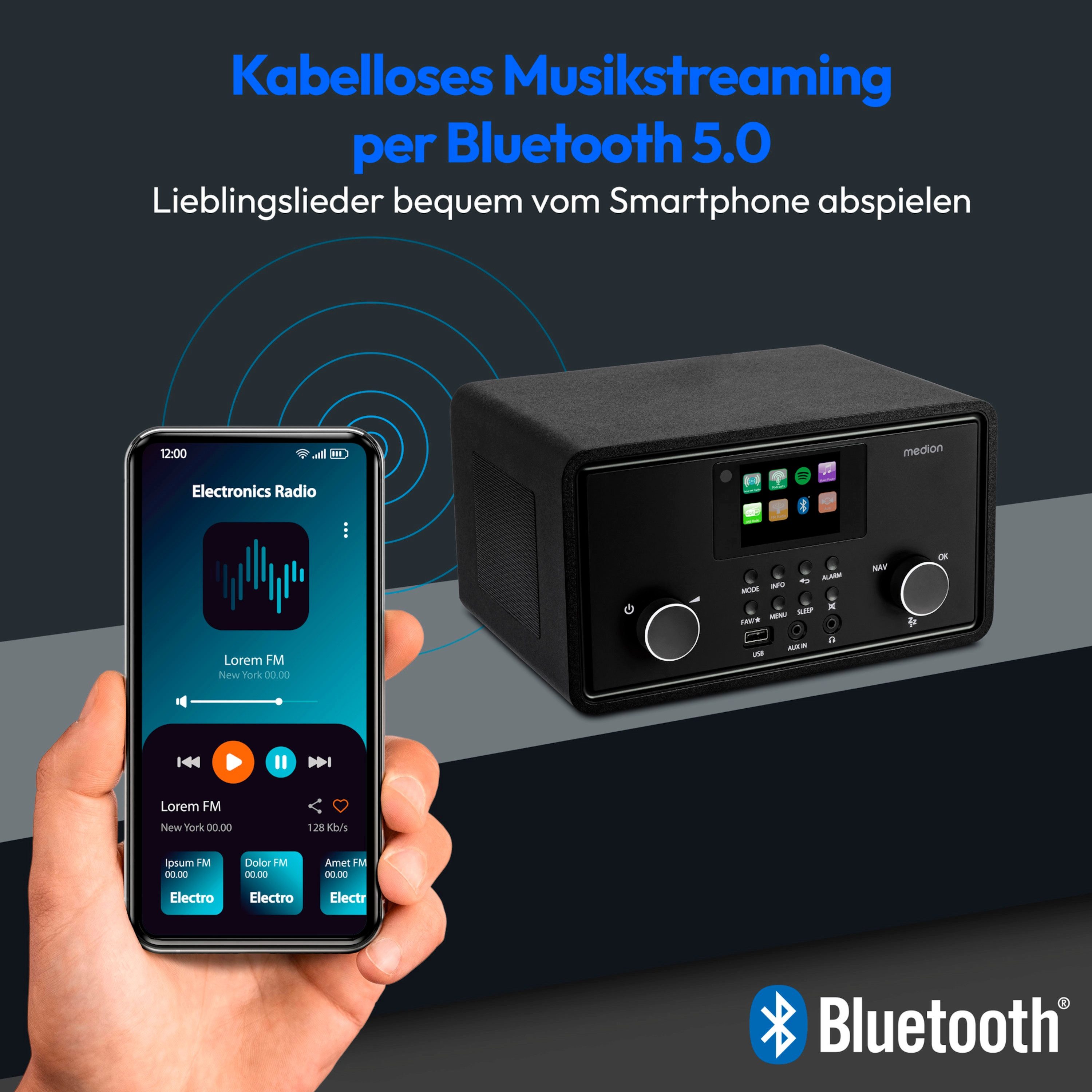 Medion® Internetradio MEDION® LIFE® P85027 (MD88069) Radio (DAB+, MW/UKW, Spotify, AM/FM, 10 W, Internet Radio DAB+ UKW Radio, 7,1cm/2,8'' Display, Bluetooth)