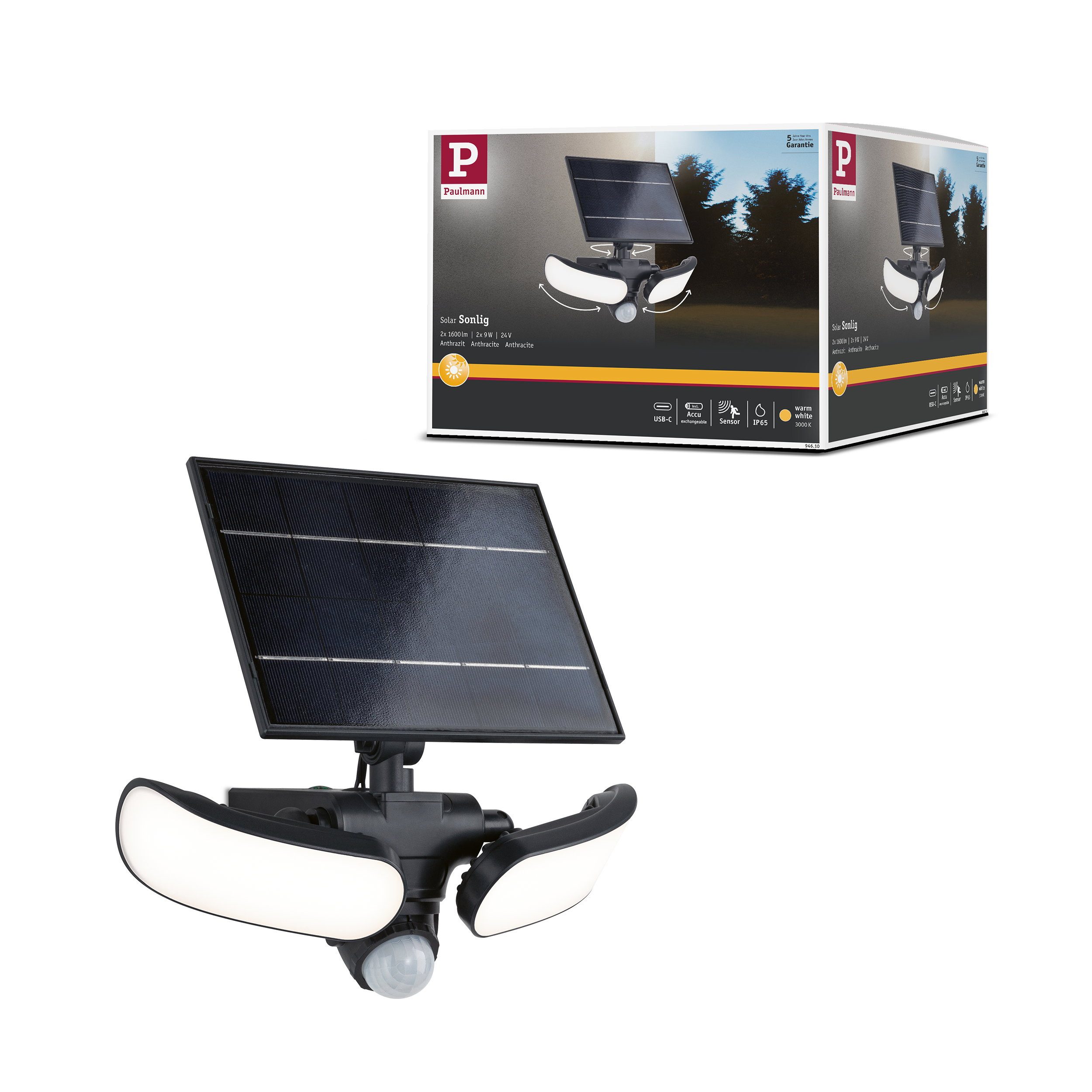 Paulmann LED Wandleuchte Solar LED Wandfluter Sonlig Dämmerungsgesteuerter Bewegungsmelder (IR)