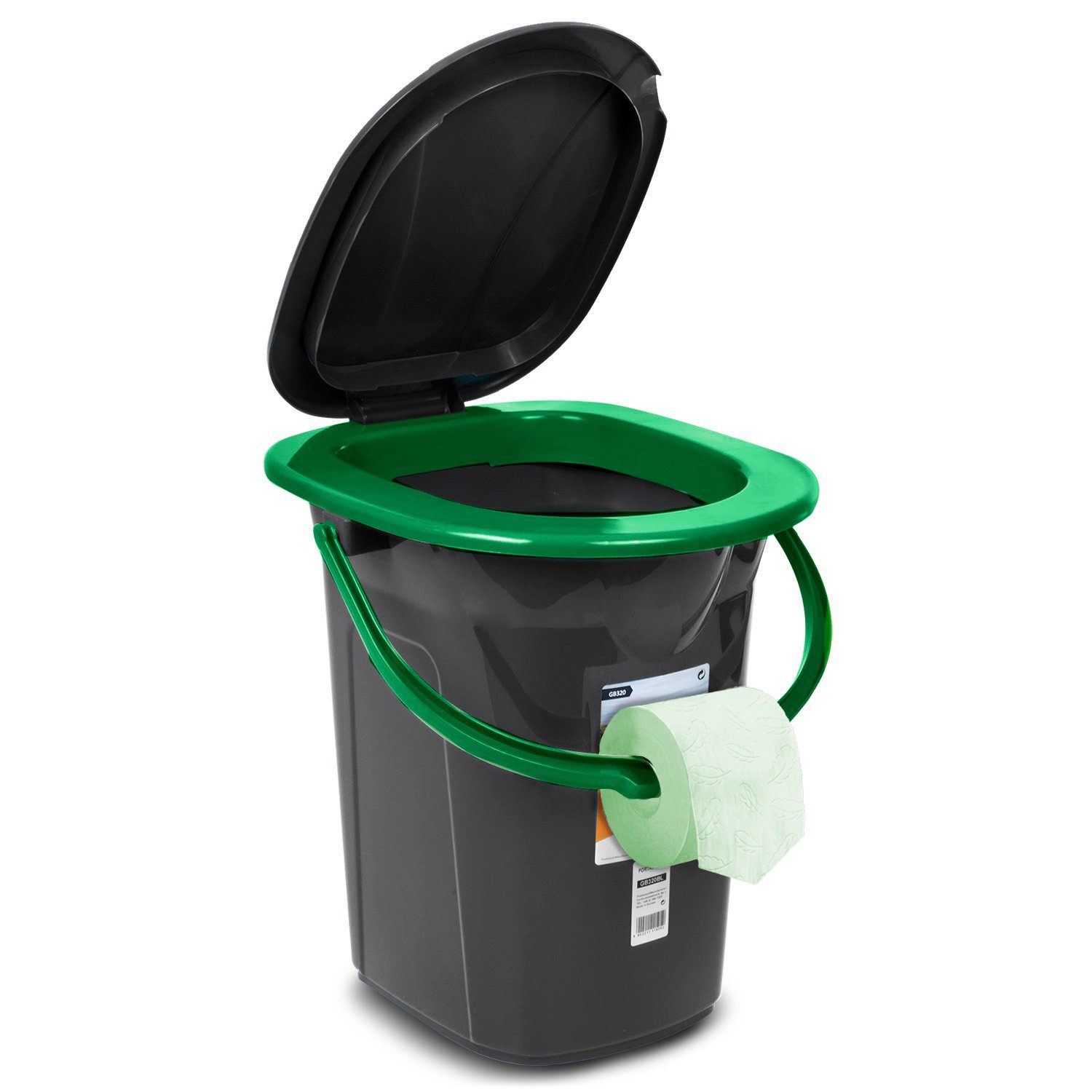 GreenBlue Campingtoilette GB320 Tragbarer Toiletten-Eimer mit Tragegriff 19L, Toilettenpapierhalter, Auskipp-Hilfe für Camping, Wohnwagen, Boot