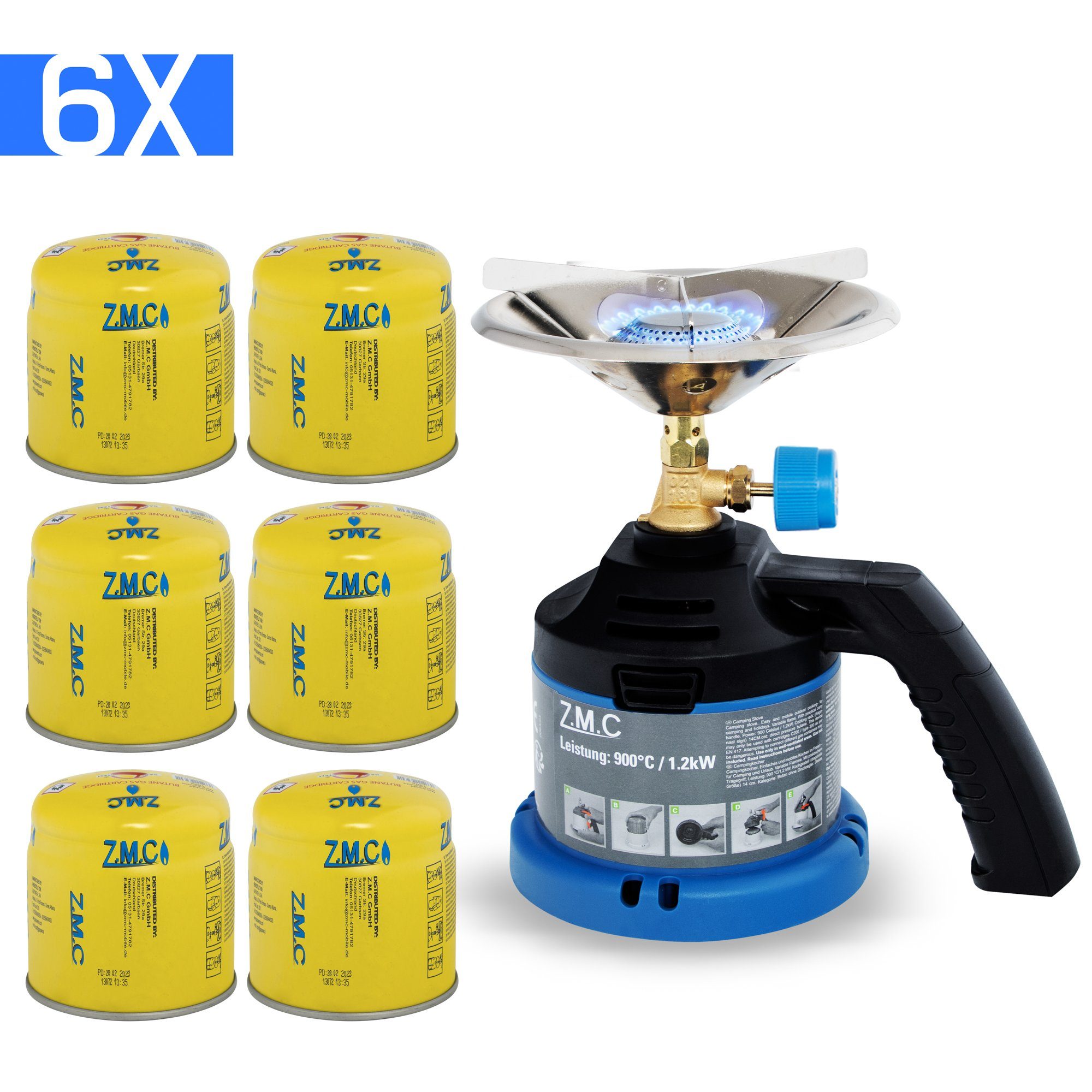 ZMC Gaskocher Tragbare Gaskocher Campingkocher mit Griff + 6x Gaskartuschen 190g, (Kartuschenkocher Geeignet für Camping, Indoor, Indoor/Outdoor, Outdoor, Wandern, Wandern), 1,2KW Leistung: 900 C Stechkartusche Kohleanzünder Herd Kochfeld