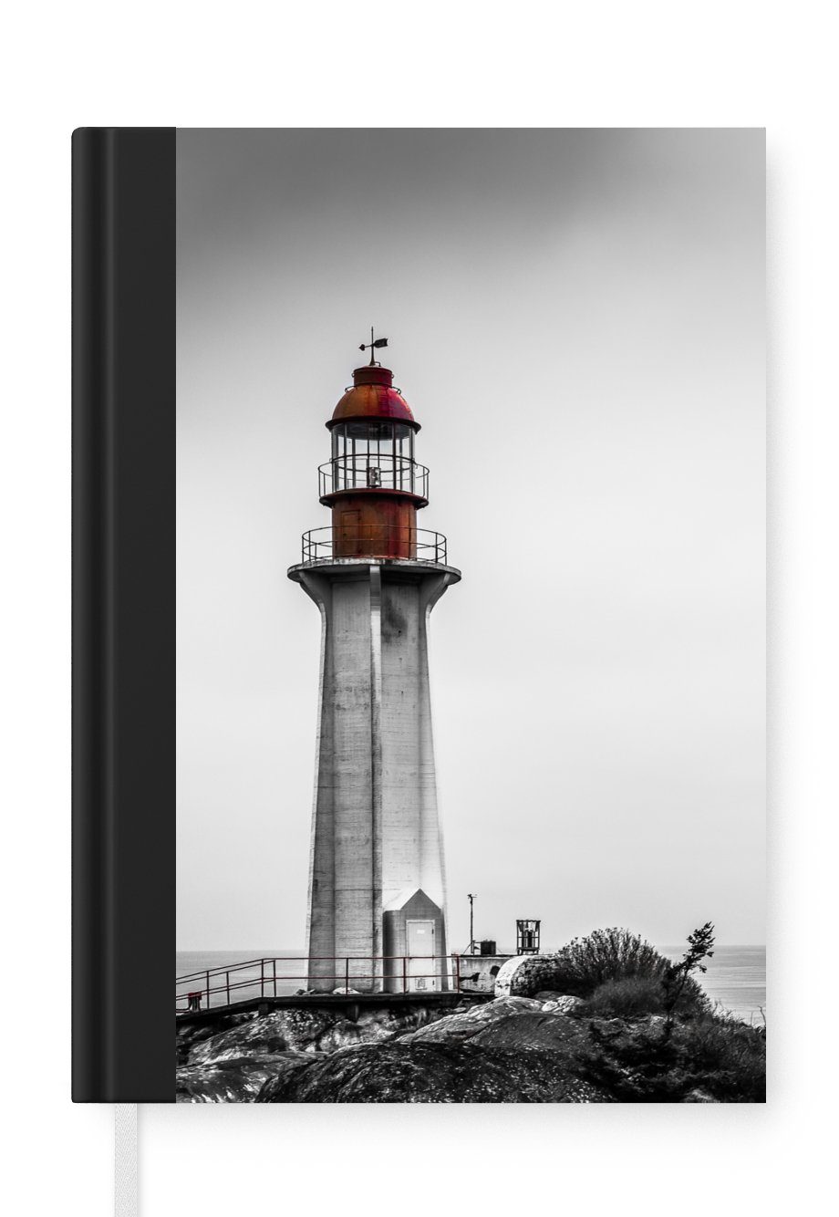 MuchoWow Notizbuch Schwarz-Weiß-Foto eines Leuchtturms im Westen von Vancouver, Journal, Merkzettel, Tagebuch, Notizheft, A5, 98 Seiten, Haushaltsbuch