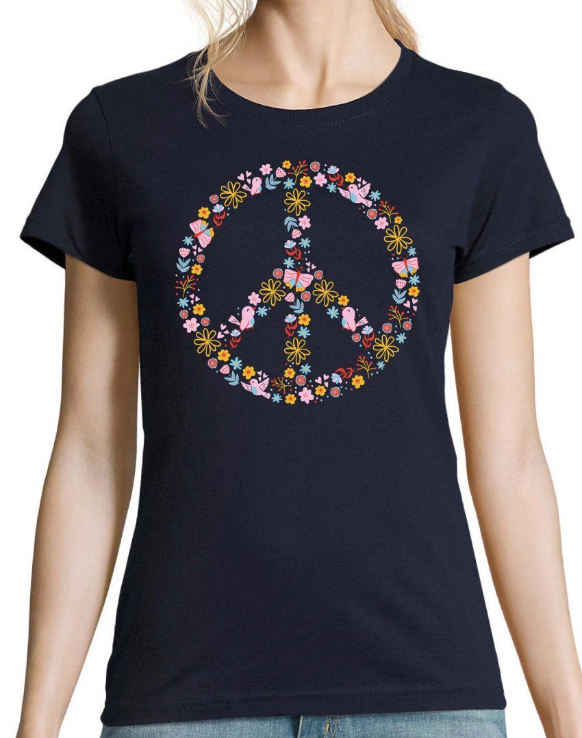 Designz T-Shirt mit Shirt Flowers Look Youth Retro Damen Navy Trendigem Peace