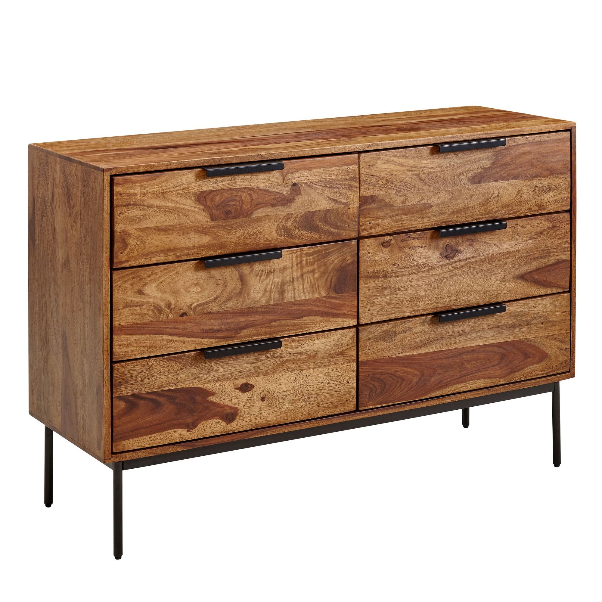 furnicato Sideboard Kommode Massivholz Walnuss Finish 117x80x42 cm Braun (1 St), Handgefertigtes Sideboard mit 6 Schubladen und rutschfesten Noppen