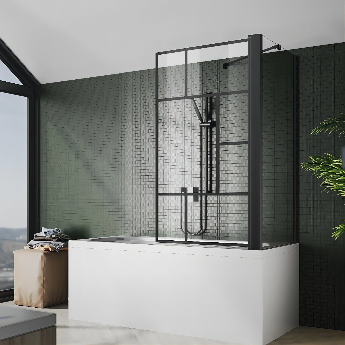 SONNI Badewannenaufsatz NANO Glas, mit Seitenwand, Faltbar, 80x140cm, Schwarz, Faltwand, Einscheibensicherheitsglas mit Nano Beschichtung, für Badezimmer, faltbar