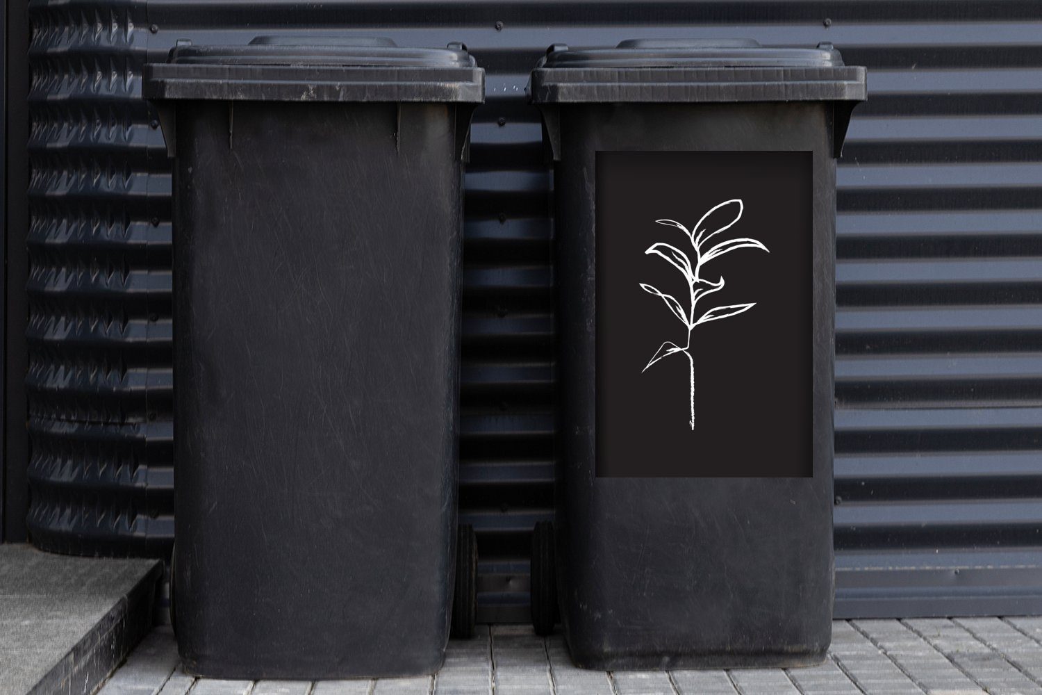 Wandsticker Strichzeichnung - - Mülleimer-aufkleber, Abfalbehälter Weiß Schwarz (1 Container, Mülltonne, St), Pflanze Sticker, - MuchoWow