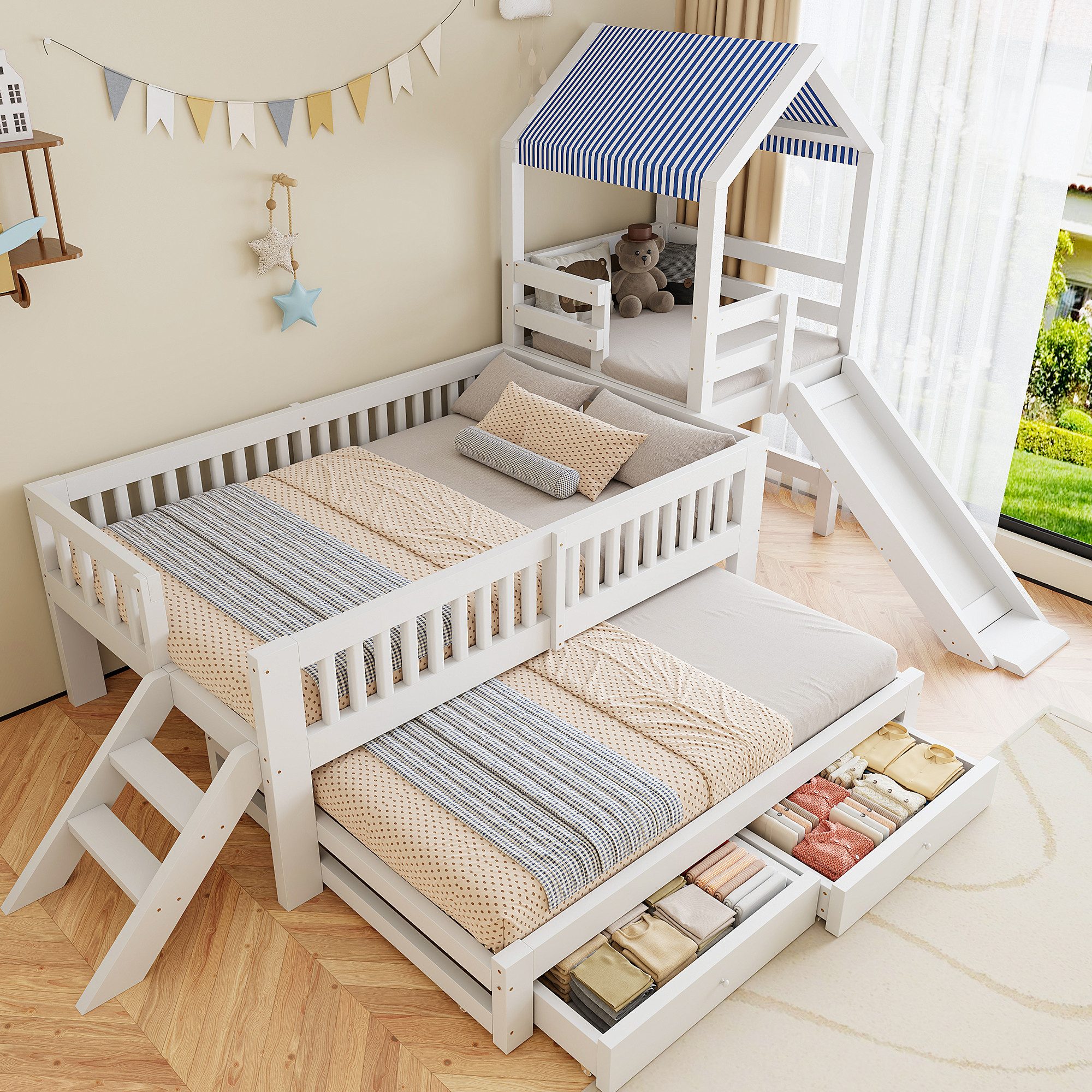 Flieks Kinderbett, Massivholzbett 90x200cm mit Ausziehbett 90x190cm, Rutsche, Schubladen