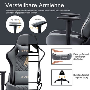 symino Gaming-Stuhl Ergonomischer Bürostuhl aus PU-Leder mit 3D-Armlehnen und Fußstütze, hoch atmungsaktiv, verstellbare Armlehnen und Rückenlehne, Grau