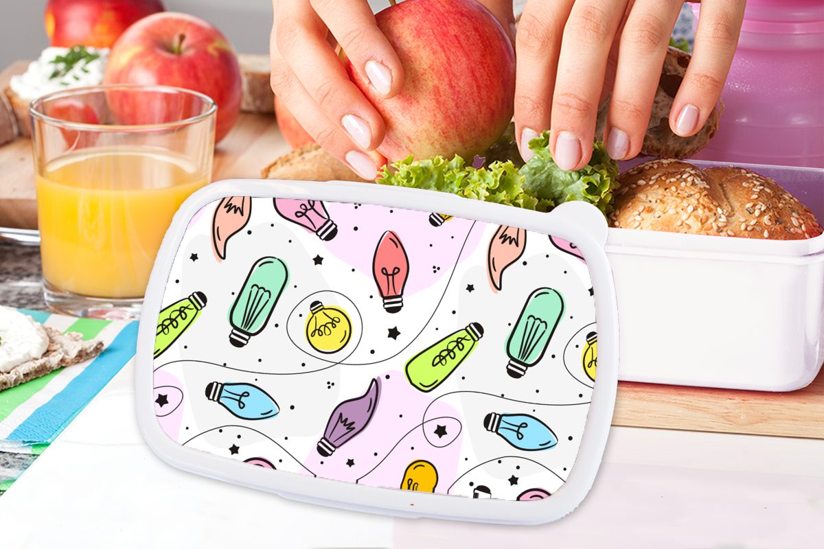 MuchoWow Lunchbox Pastell weiß - Brotbox Brotdose, (2-tlg), und - - Erwachsene, für Kunststoff, und Lampe Muster, für Mädchen Kinder Jungs Regenbogen