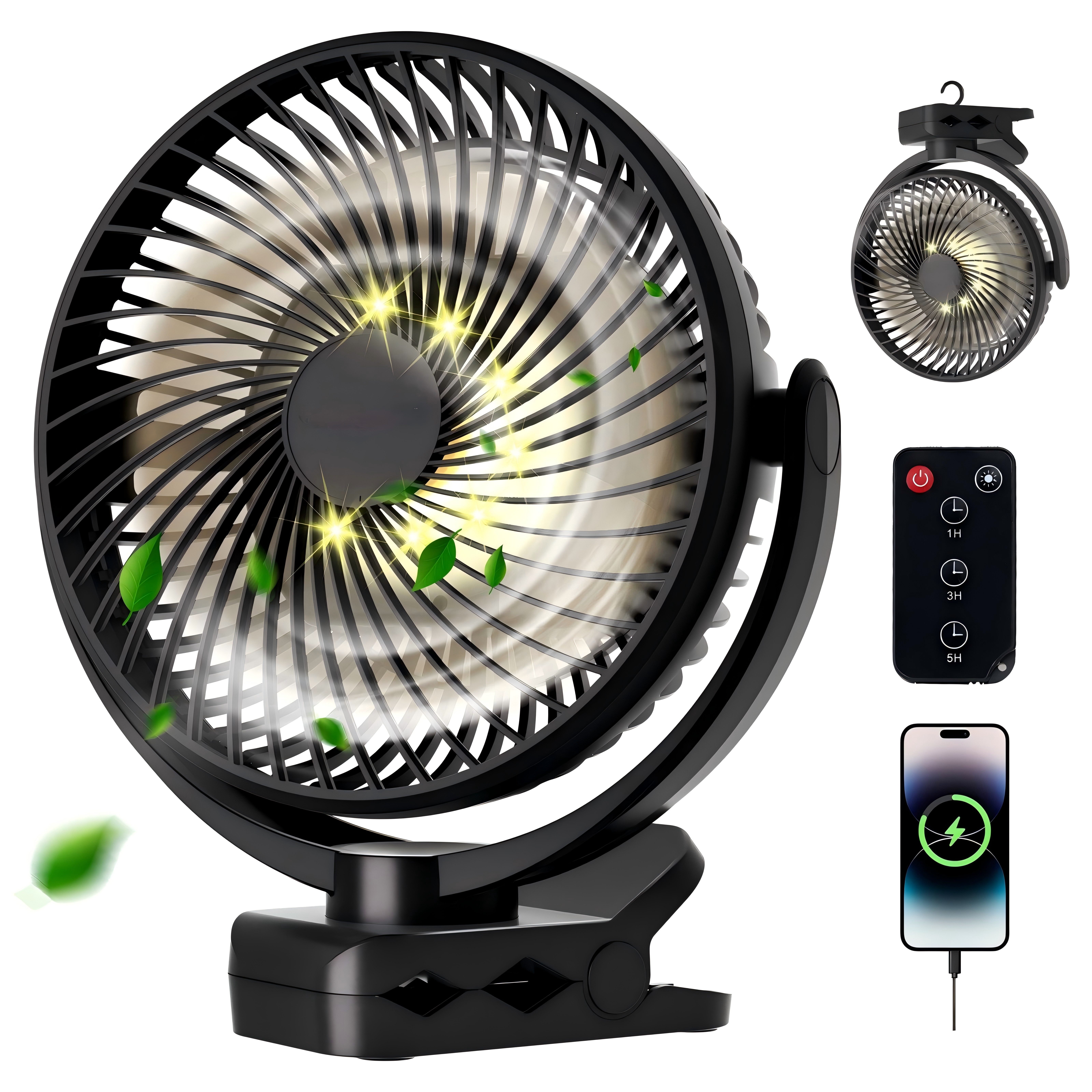 ATEROLL Tischventilator Ventilator mit Licht,3 Geschwindigkeiten,USB 360° Tischventilatoren, 24dB Leise Ventilatoren,Mini-fans für Kinderwagen,Büro und Camping